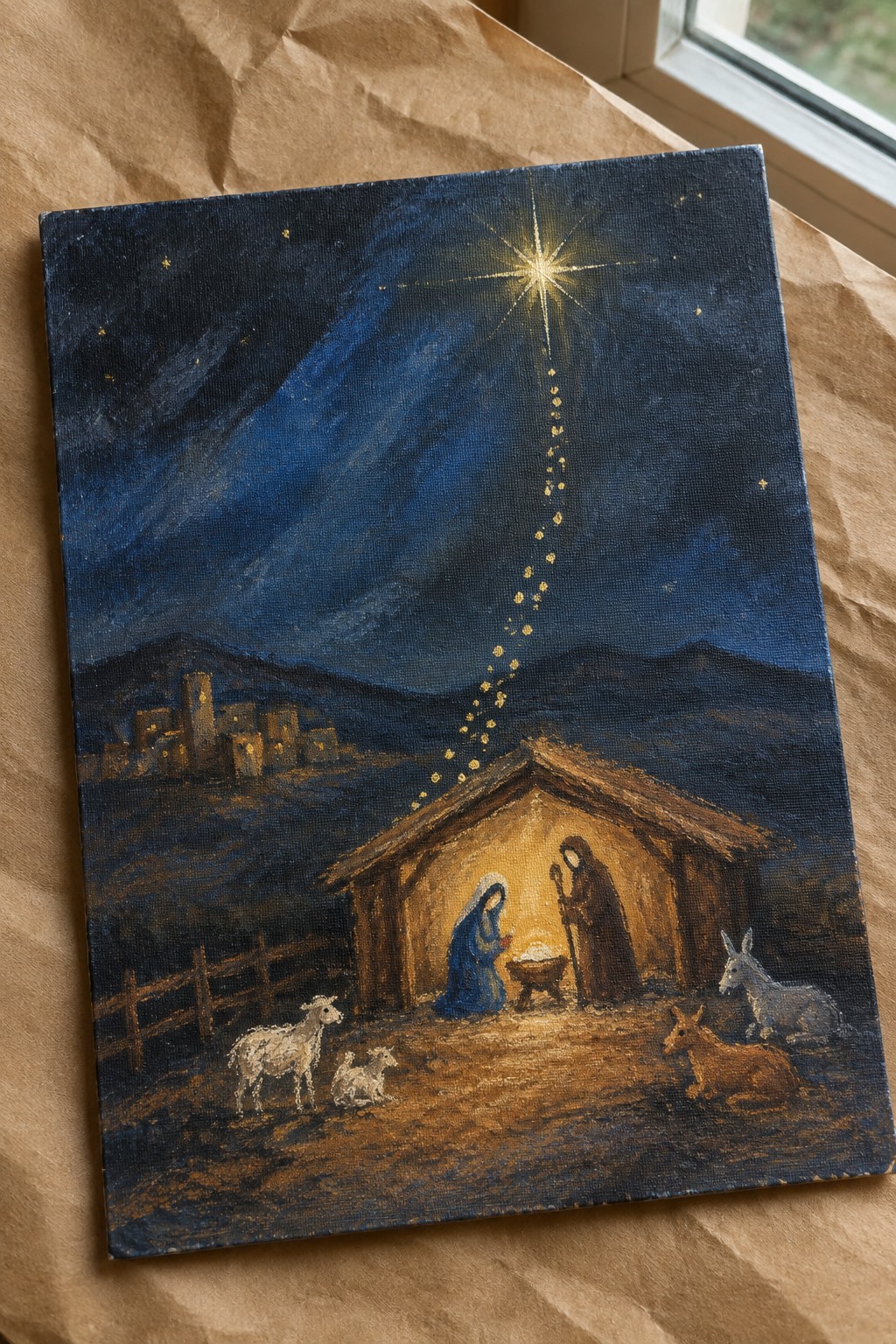 Nativity painting with blue-robed Mary, Joseph, manger, animals under glowing star at night.