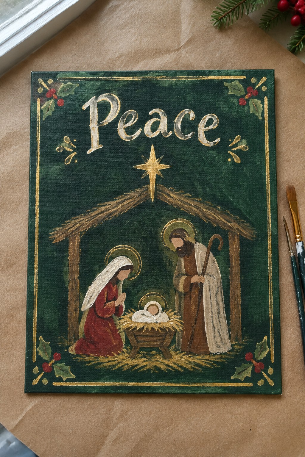 Dark green canvas nativity with Mary in red, Joseph, manger, star, and gold