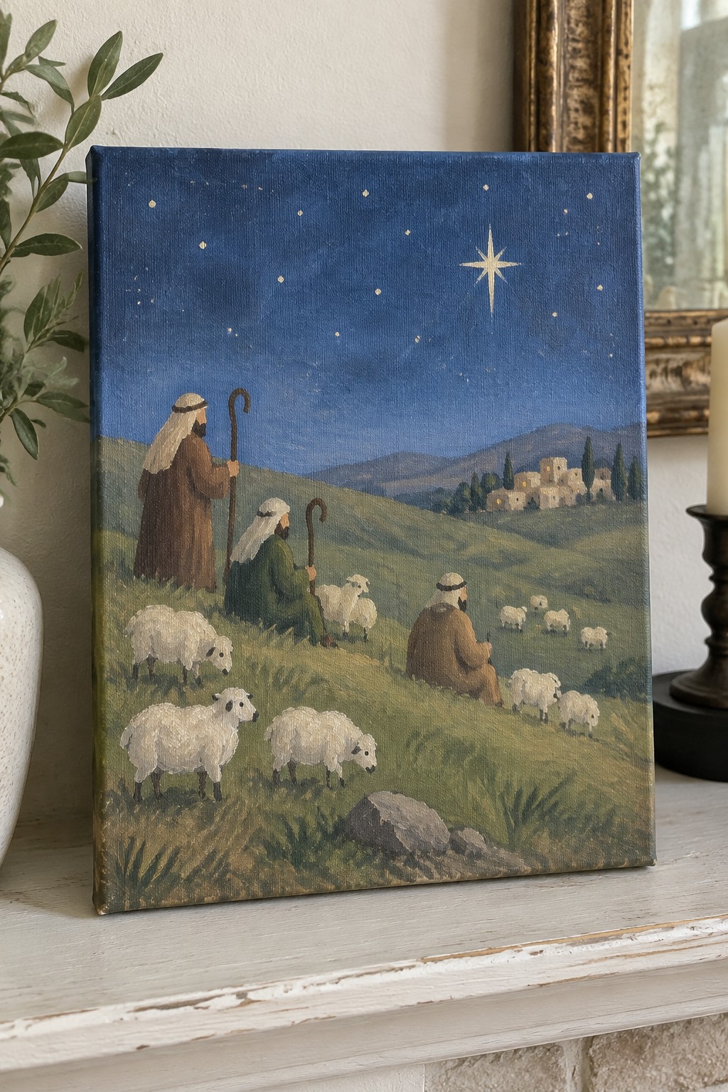 Three robed shepherds with sheep on grassy hills under starry night sky with bright star.
