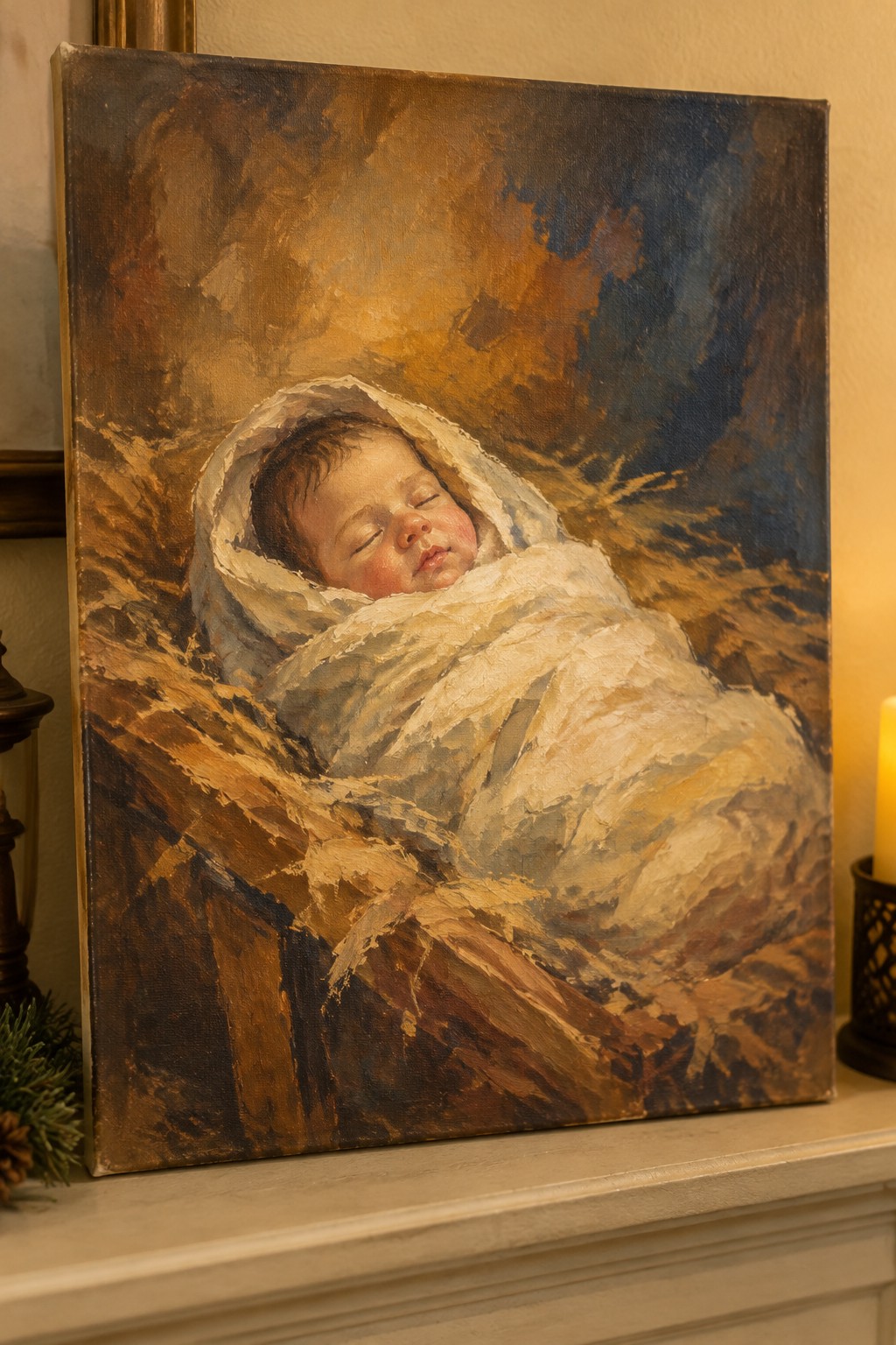 Painting of sleeping baby swaddled in white blankets inside wooden manger with golden light