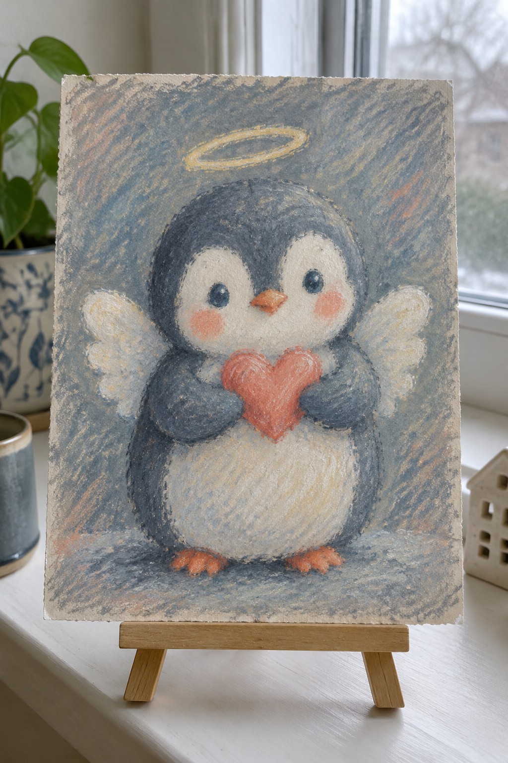 Pastel drawing of angel penguin with halo, wings, and red heart on wooden easel