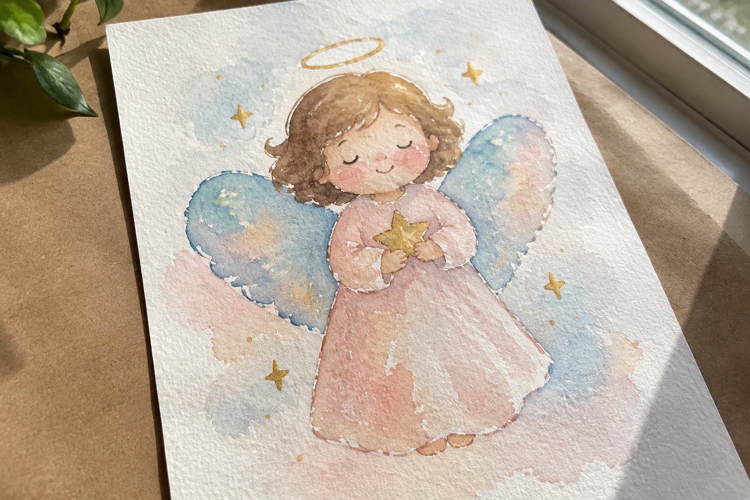 Watercolor angel with curly hair, golden halo, pink wings holding star amid clouds and stars.