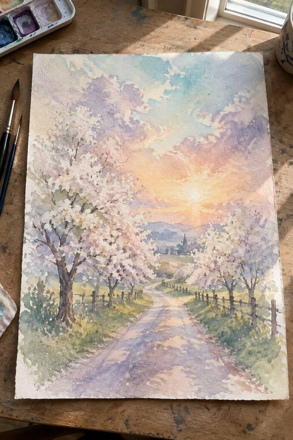 Watercolor painting of sunset path through blooming cherry trees beside palette and brushes