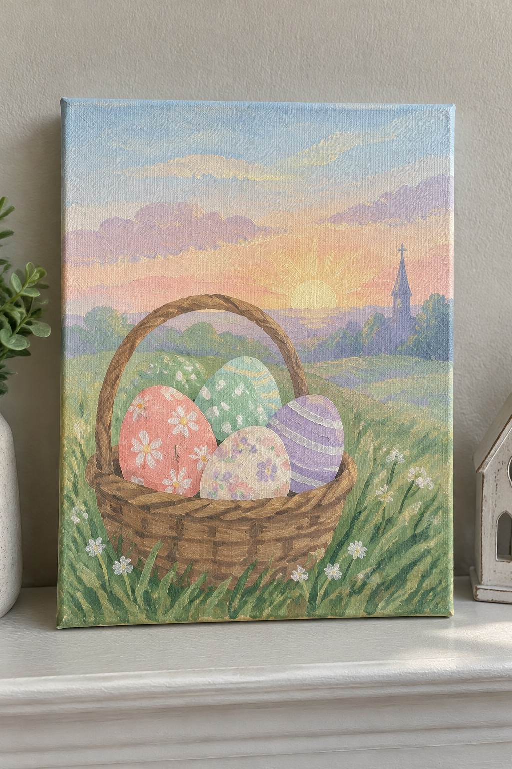 Pastel painting of wicker basket with floral Easter eggs in sunset meadow