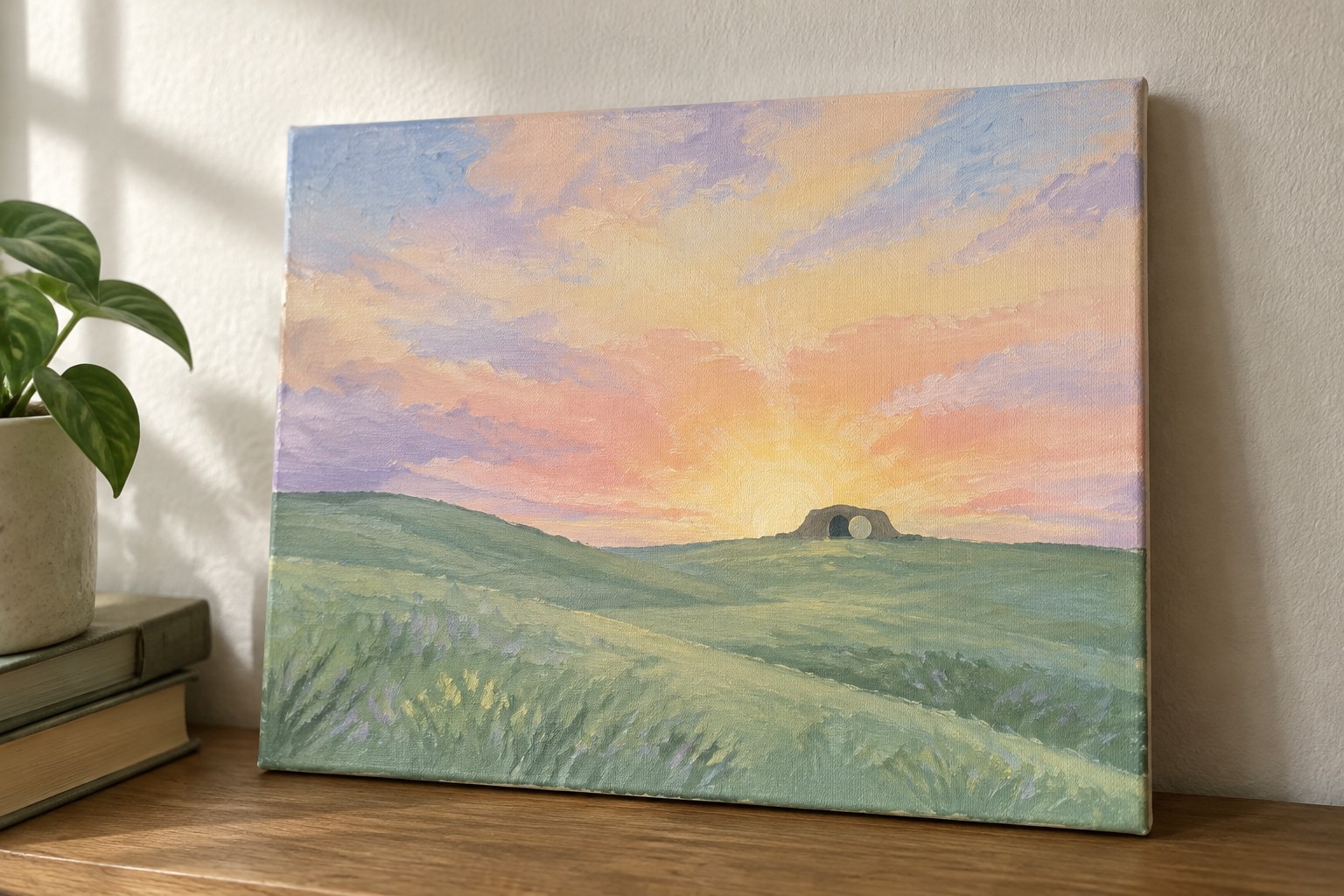 Vibrant sunset painting on canvas with pink orange skies over green hills and stone ruins