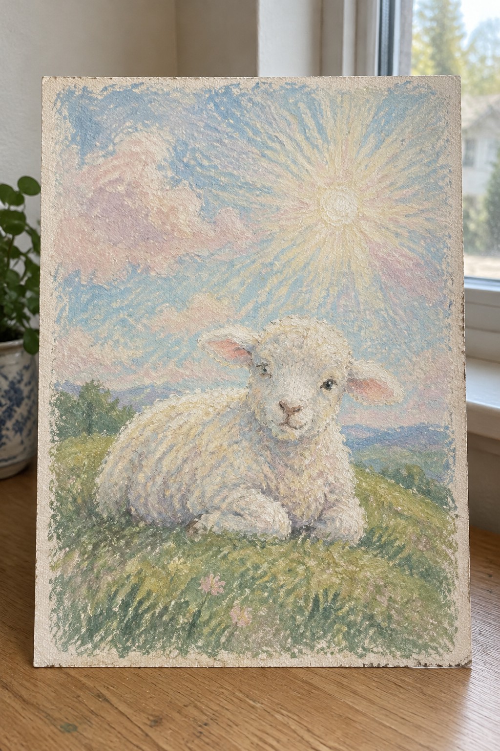 Textured pastel painting of a white lamb resting in a sunny meadow with vibrant sky.