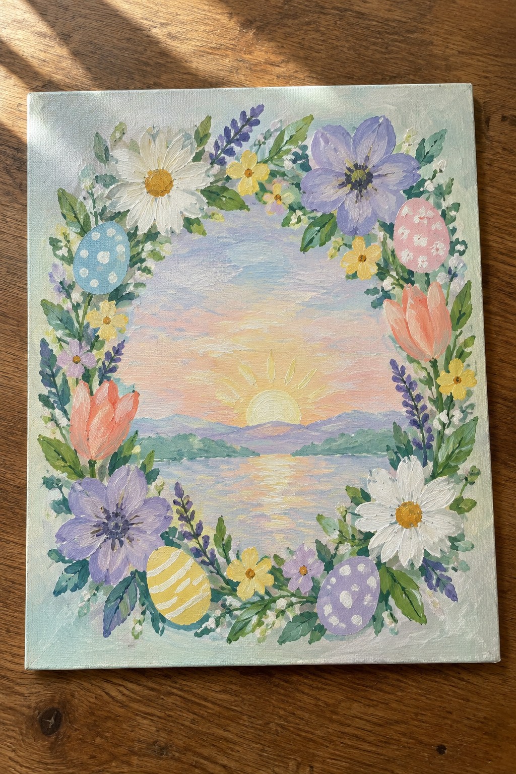 Square canvas with a ring of pastel flowers and Easter eggs around a sunset over water with mountains.
