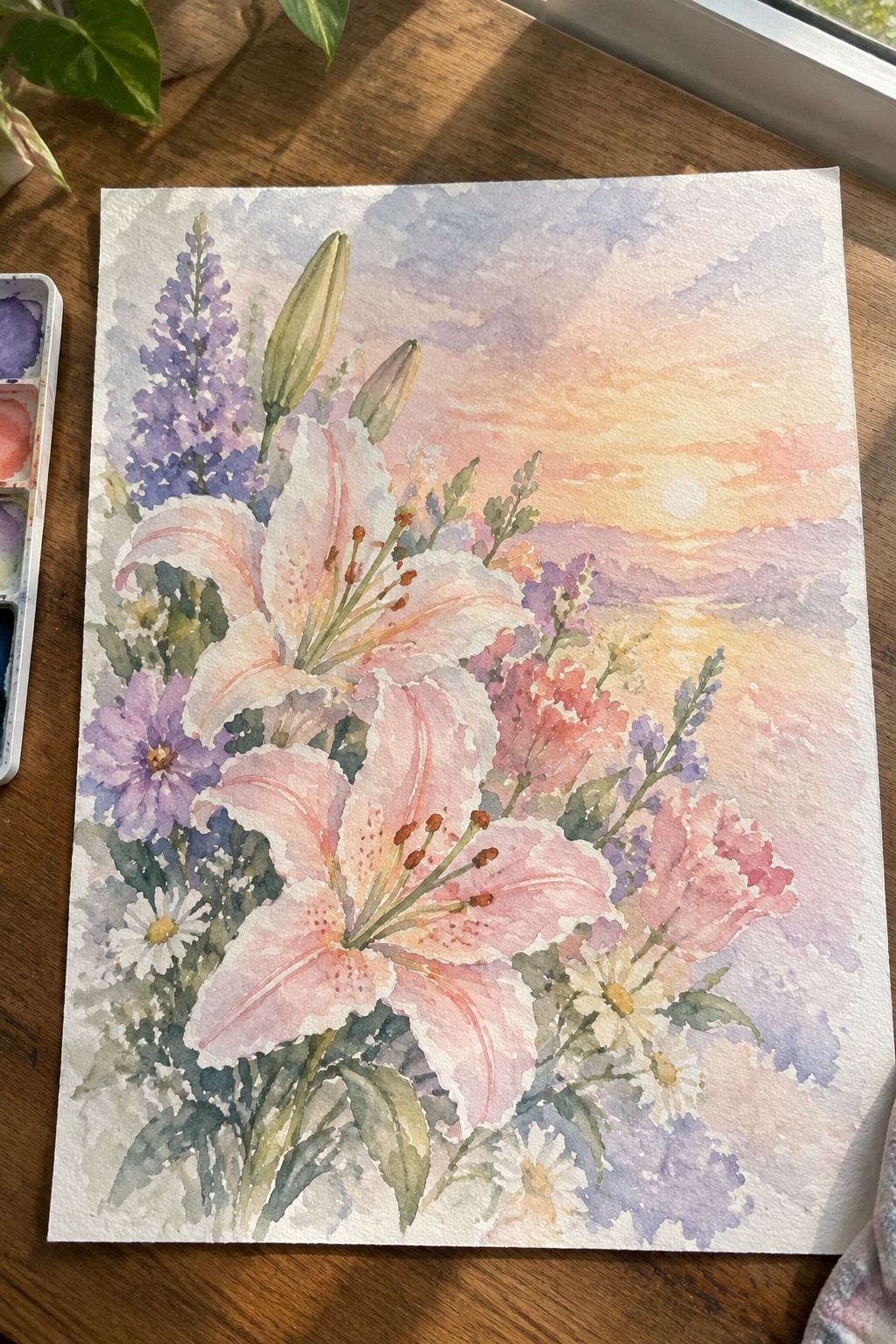 Watercolor painting of pink lilies and wildflowers beside palette on wooden table at sunset
