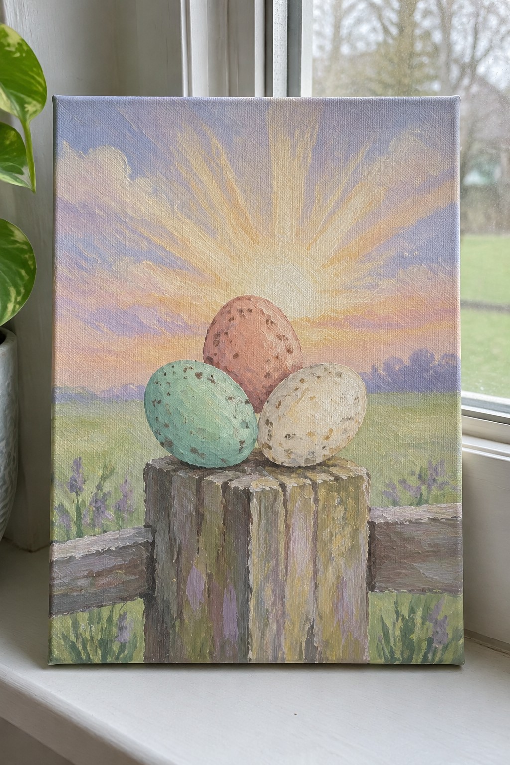 Three speckled eggs on a wooden post beneath a vibrant sunset sky painting