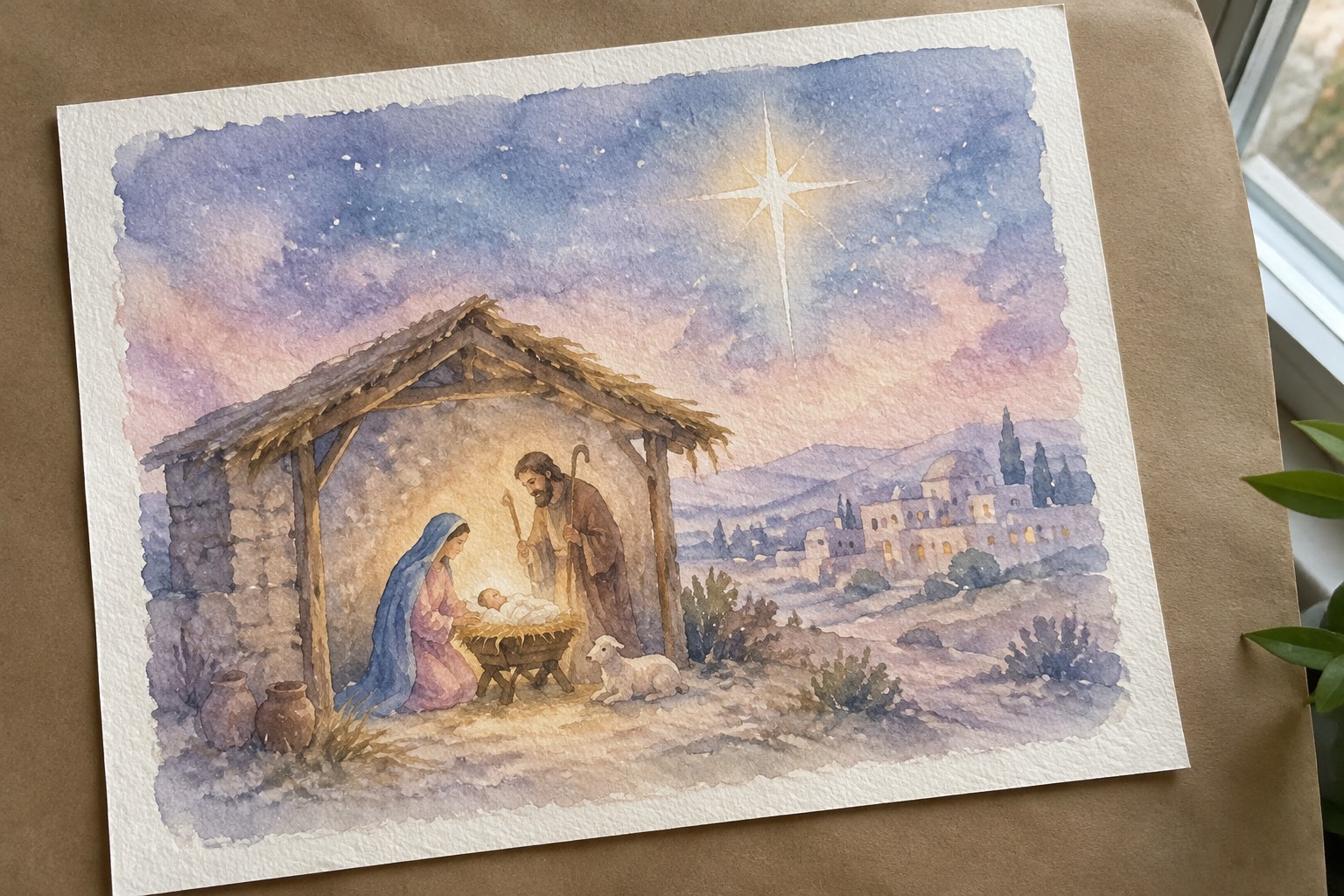 Watercolor nativity scene shows Mary, Joseph, baby Jesus, lamb beneath glowing star in twilight sky.