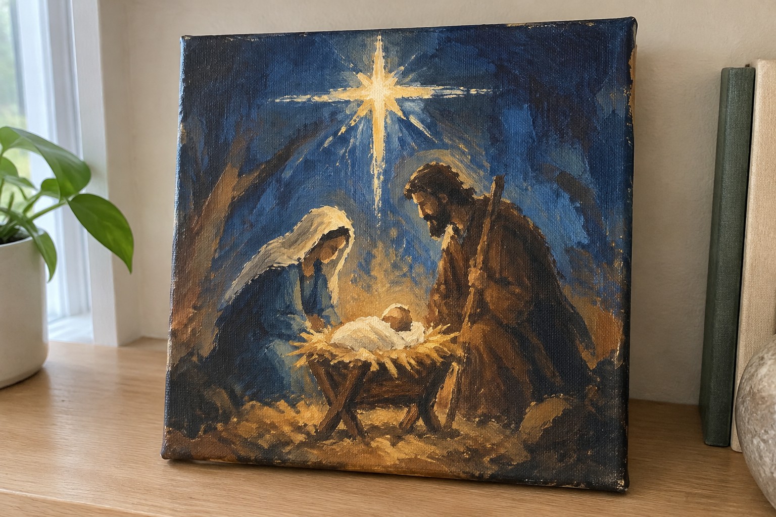 Oil painting of Joseph, Mary, and infant Jesus in manger under glowing star