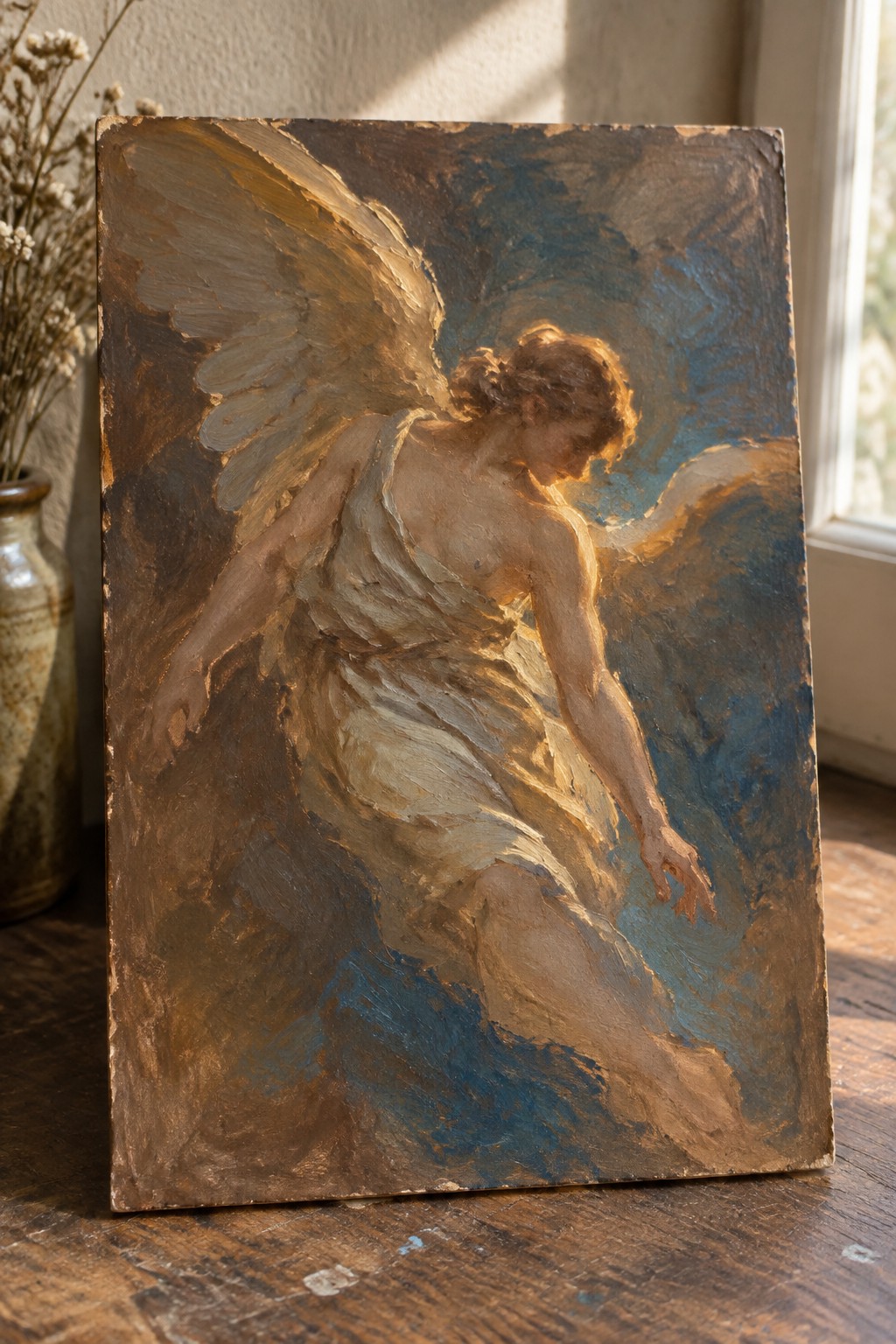 Impasto oil painting of winged angel in flowing white drapery reaching downward amid blues.
