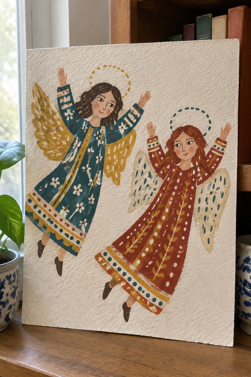 Watercolor of two angels in patterned teal and rust dresses with halos and raised arms