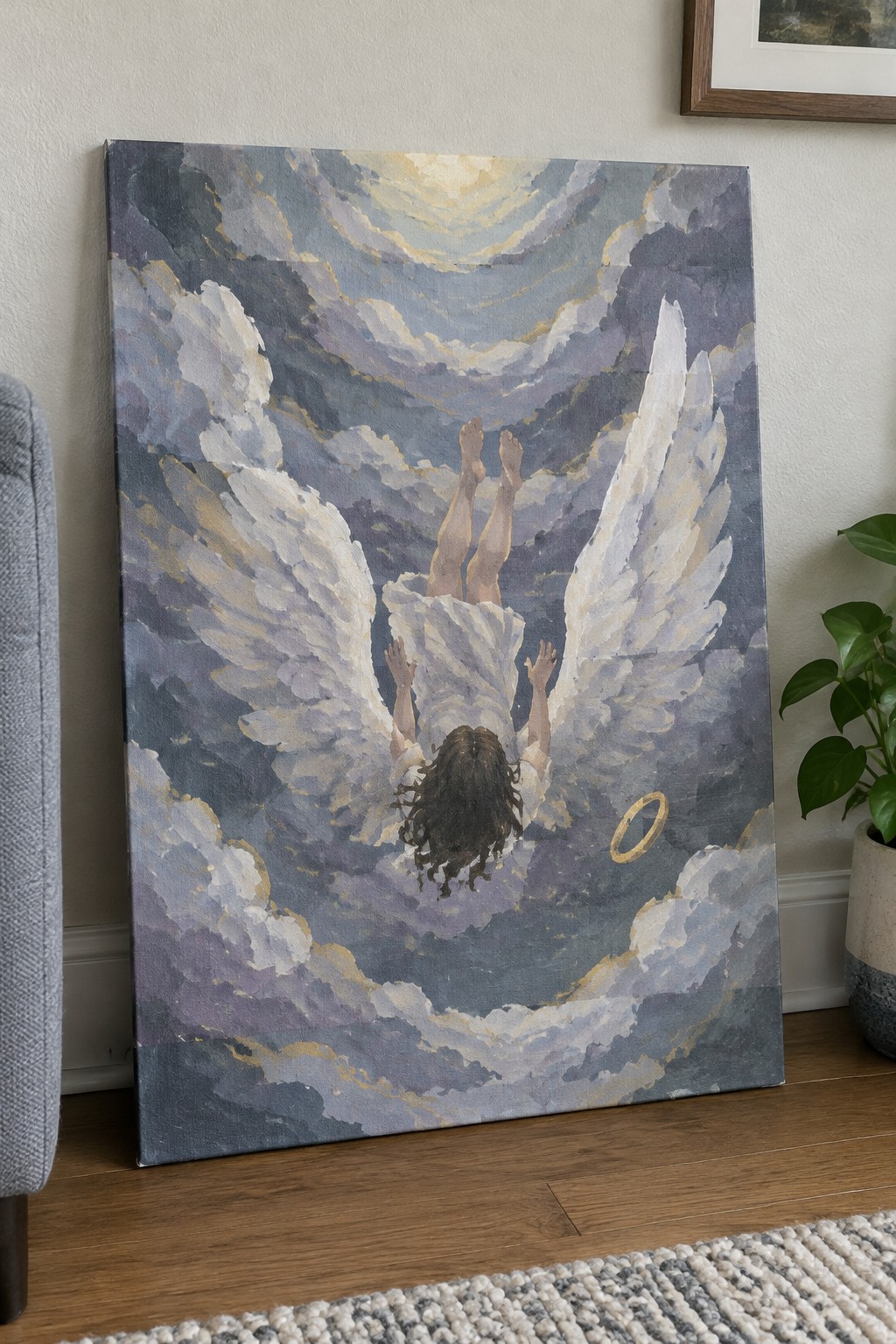 A painting of an angel with large white wings, long brown hair, and a halo falling through purple-gray clouds, shown from below with feet and hands visible.