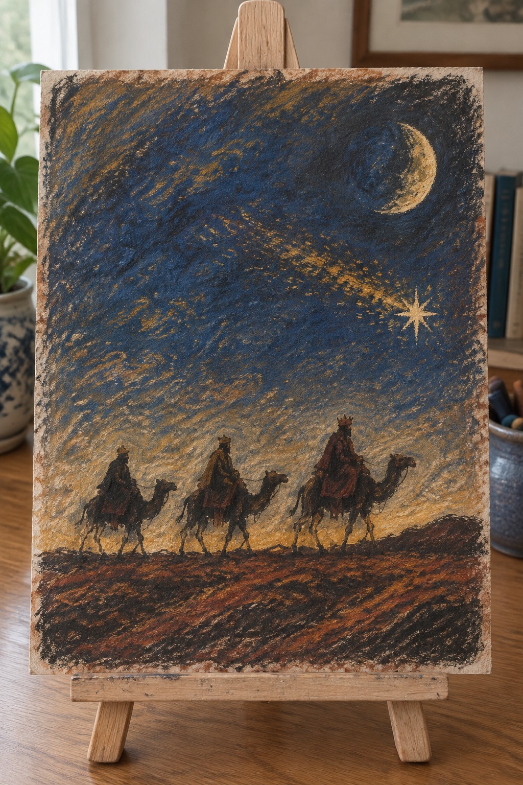 Three crowned figures on camels cross desert under crescent moon and bright star