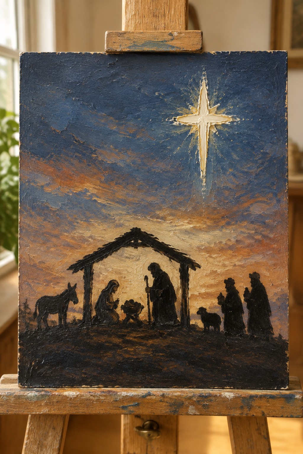 Nativity painting on easel with bright star over silhouetted holy family and animals