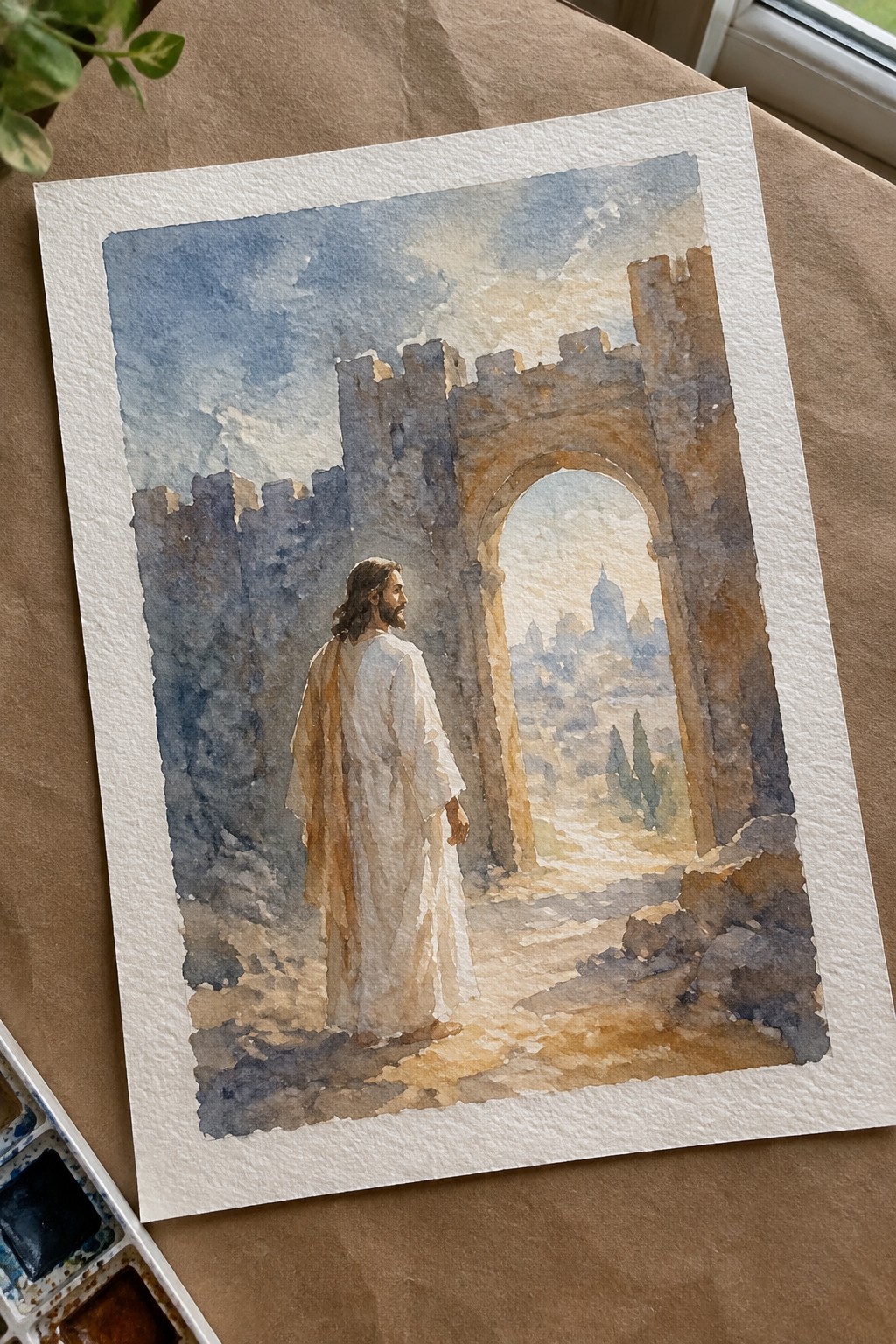 Watercolor of bearded man in white robes before ancient stone arch overlooking city.
