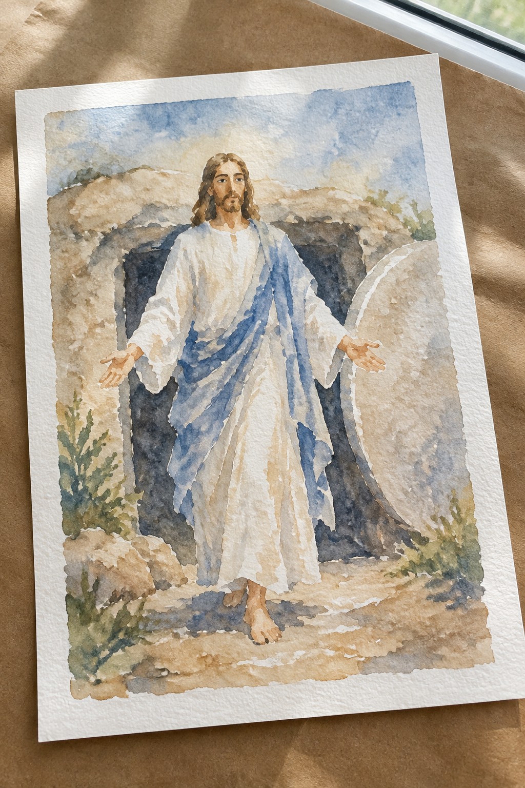 Jesus in white and blue robes stands arms outstretched before empty tomb, watercolor style
