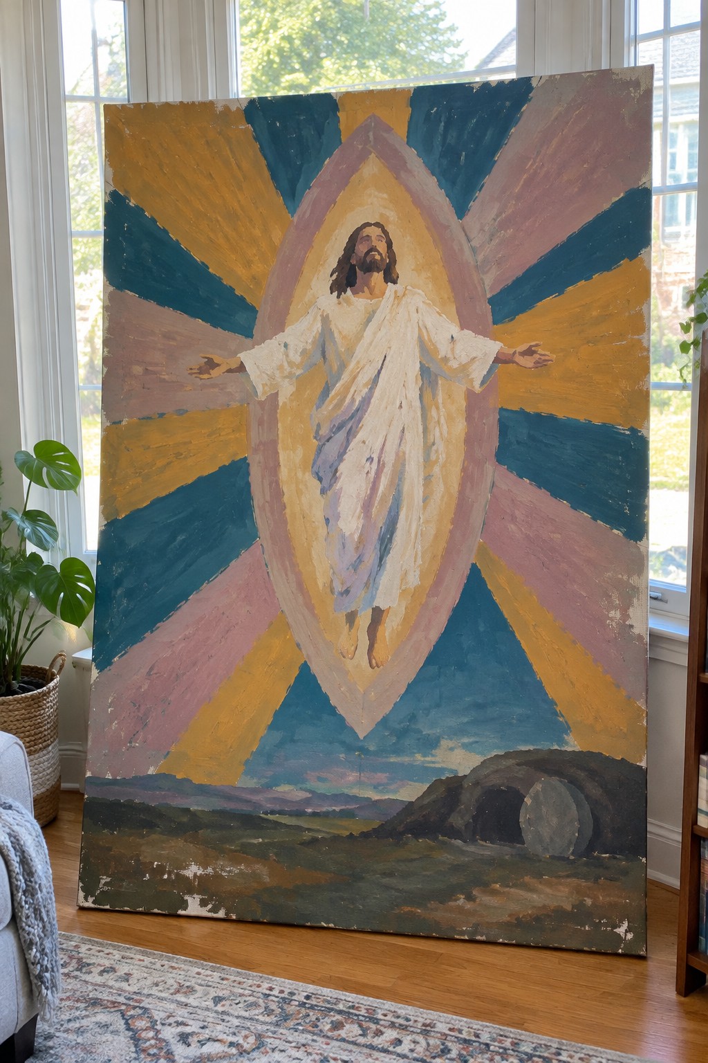 Large colorful painting of Jesus in white robes with arms outstretched above empty tomb.