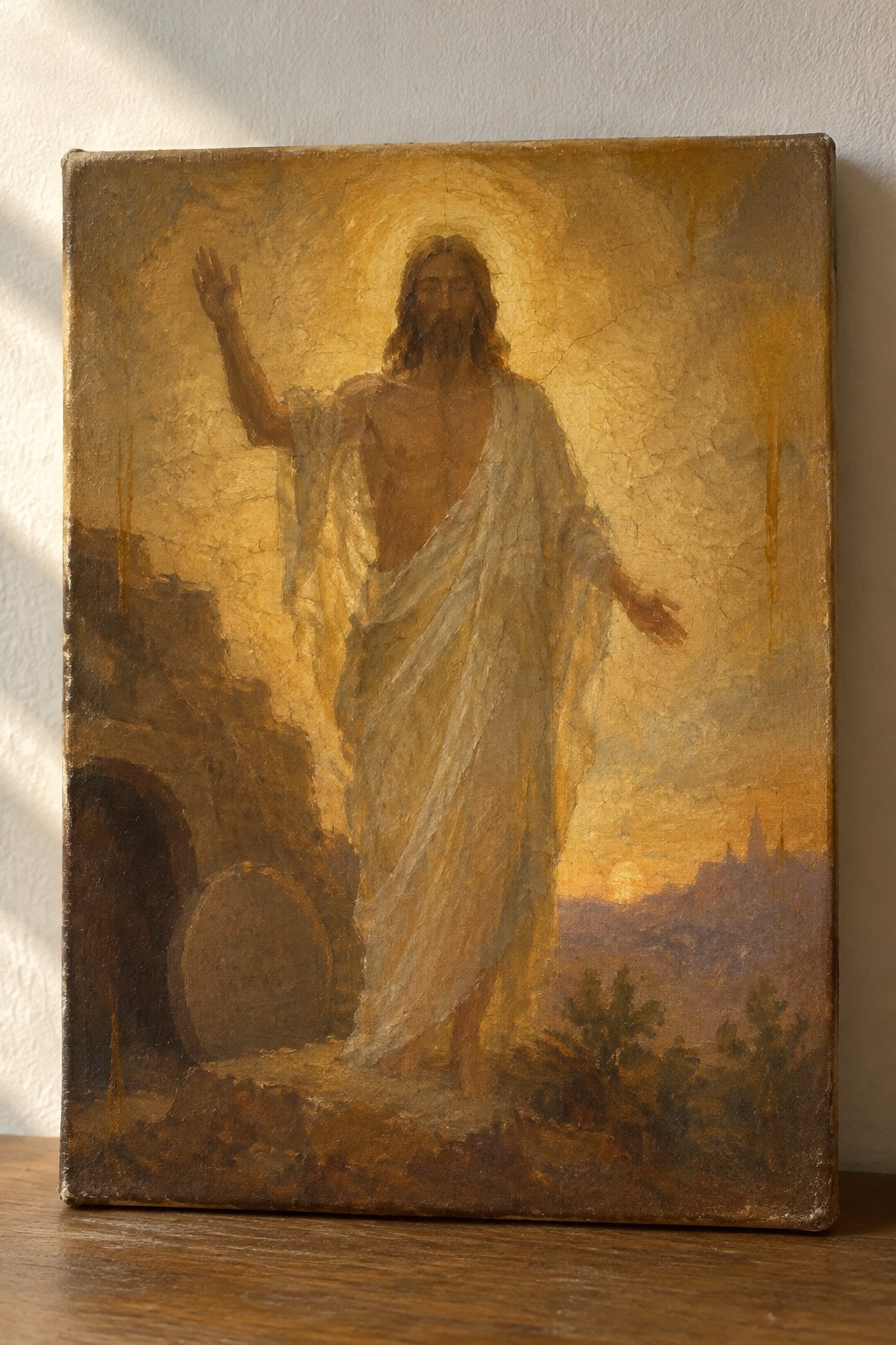 Christ with halo in white robe raises hand near stone tomb at golden sunset