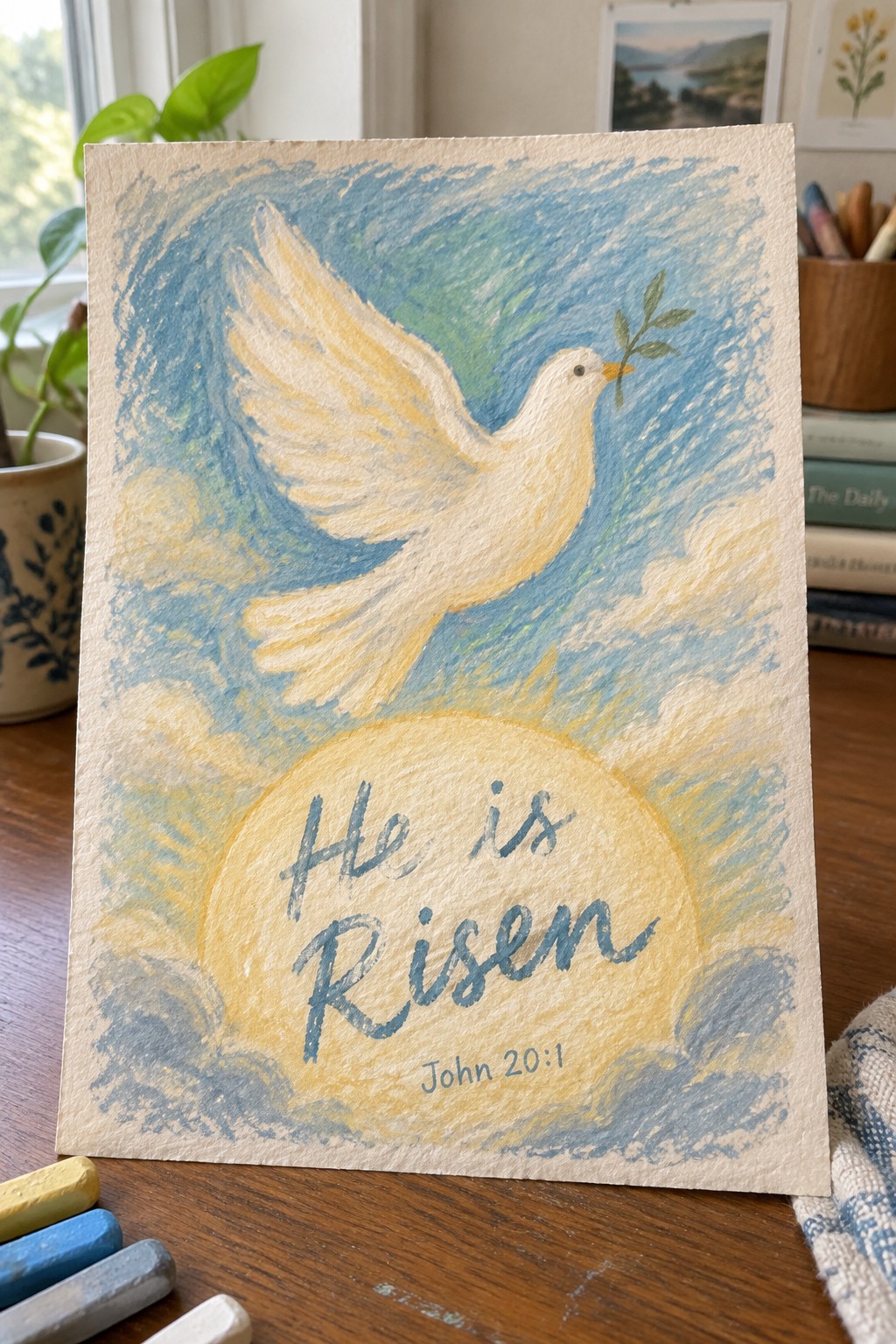 Watercolor of white dove with olive branch flying above yellow sun reading