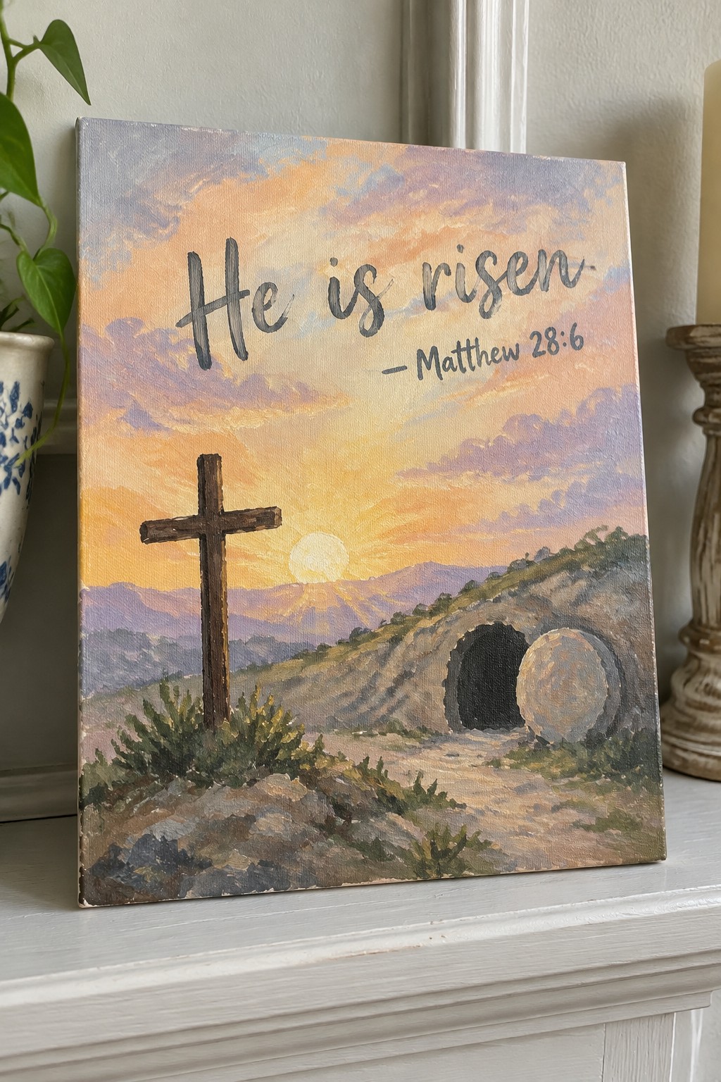 Canvas painting of wooden cross, empty tomb, sunrise sky with