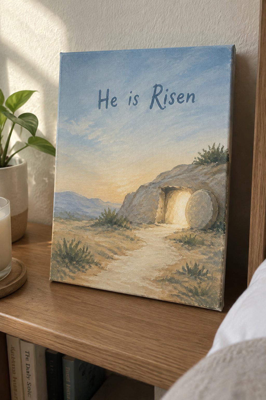 Canvas painting of empty tomb at sunrise with