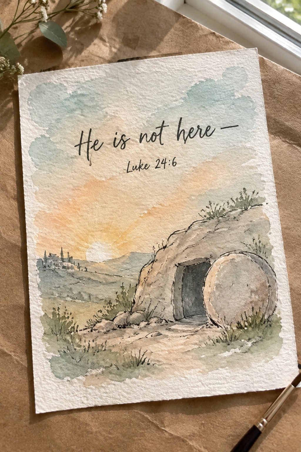 Watercolor of empty tomb with stone rolled away at sunrise and