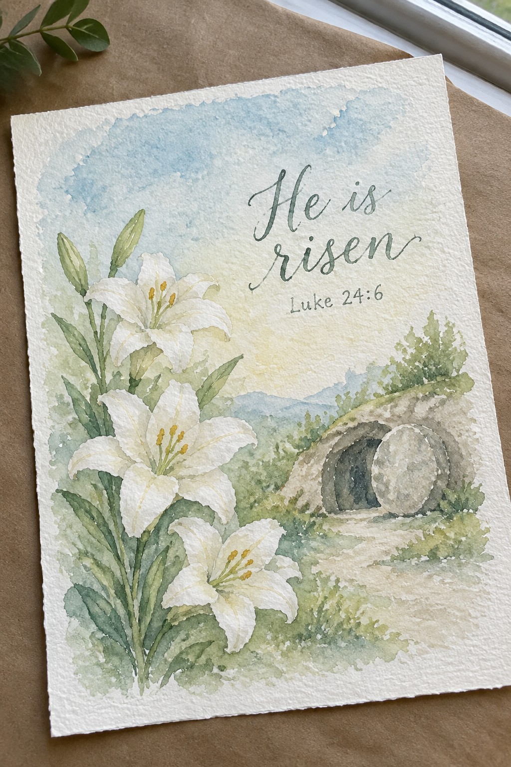Watercolor card with white lilies, empty stone tomb, and