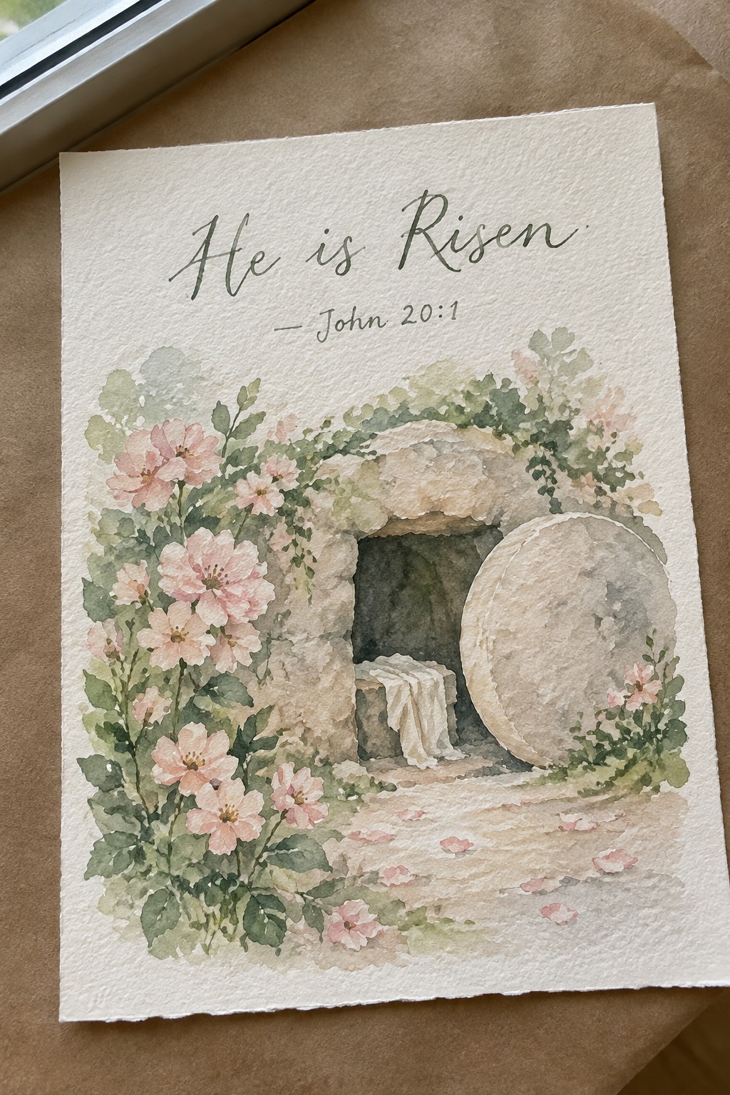 Watercolor of empty stone tomb with rolled stone, pink flowers, and
