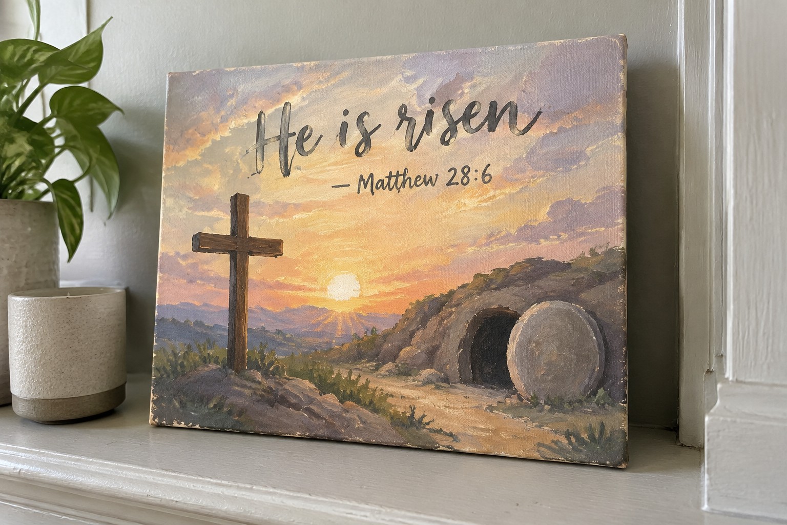 Canvas painting of wooden cross, empty tomb, sunrise sky with "He is risen" text