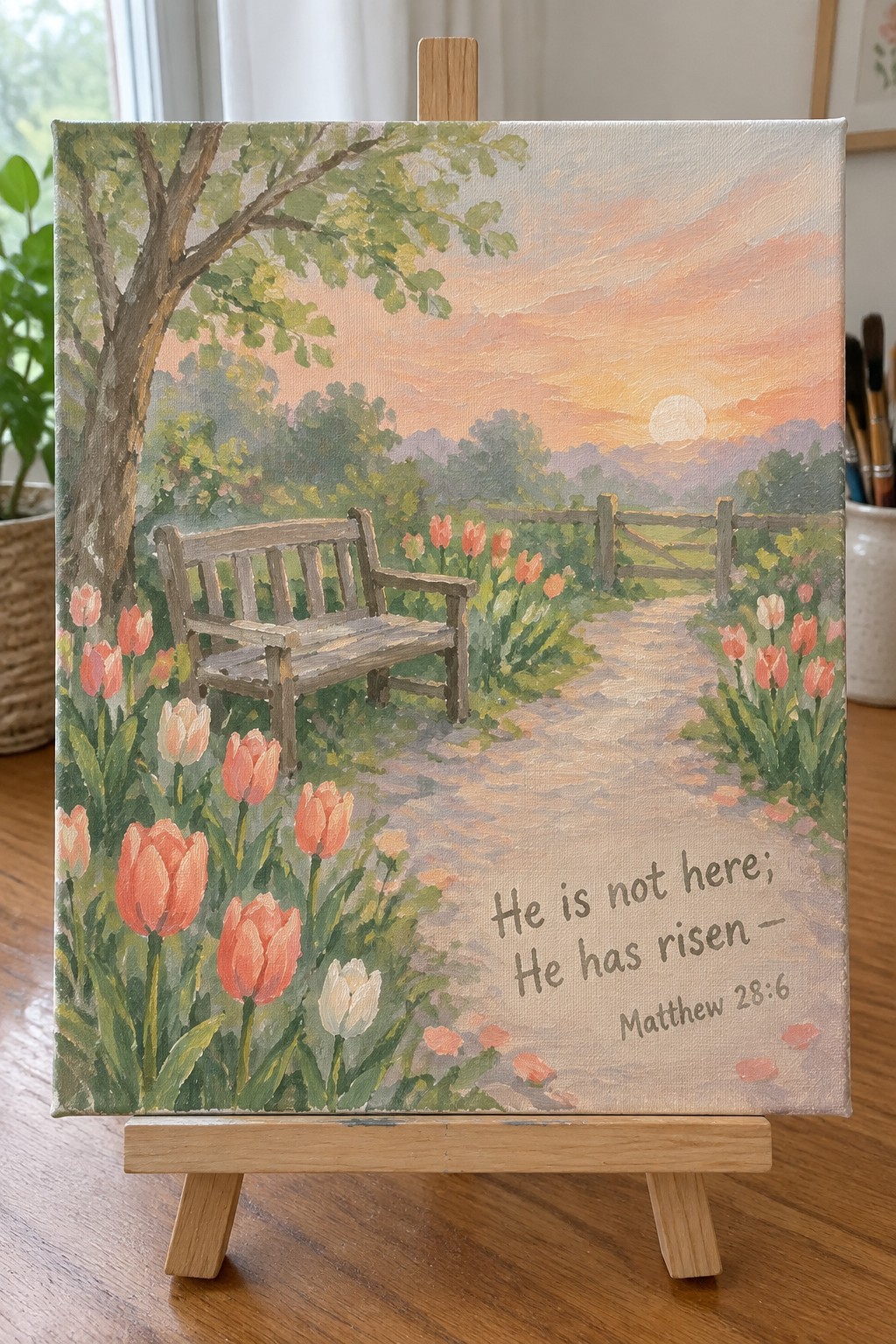 Painting of wooden bench amid tulips on path to fence under sunset sky with verse