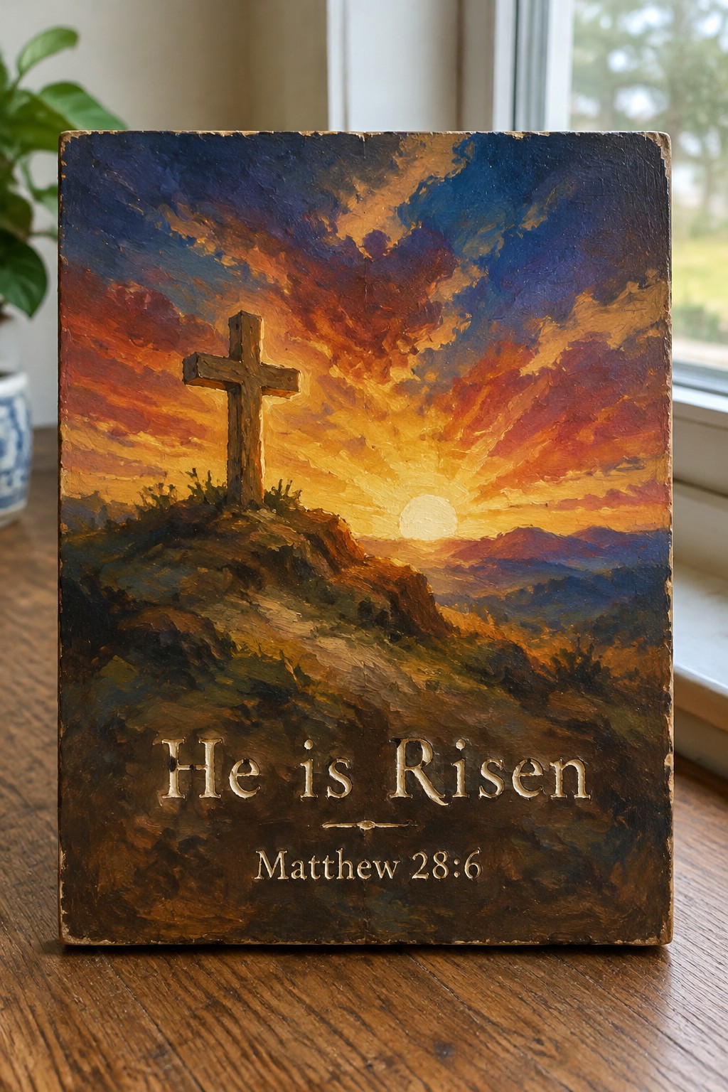 Rustic wooden plaque painted with cross on hill at vibrant orange sunset and gold
