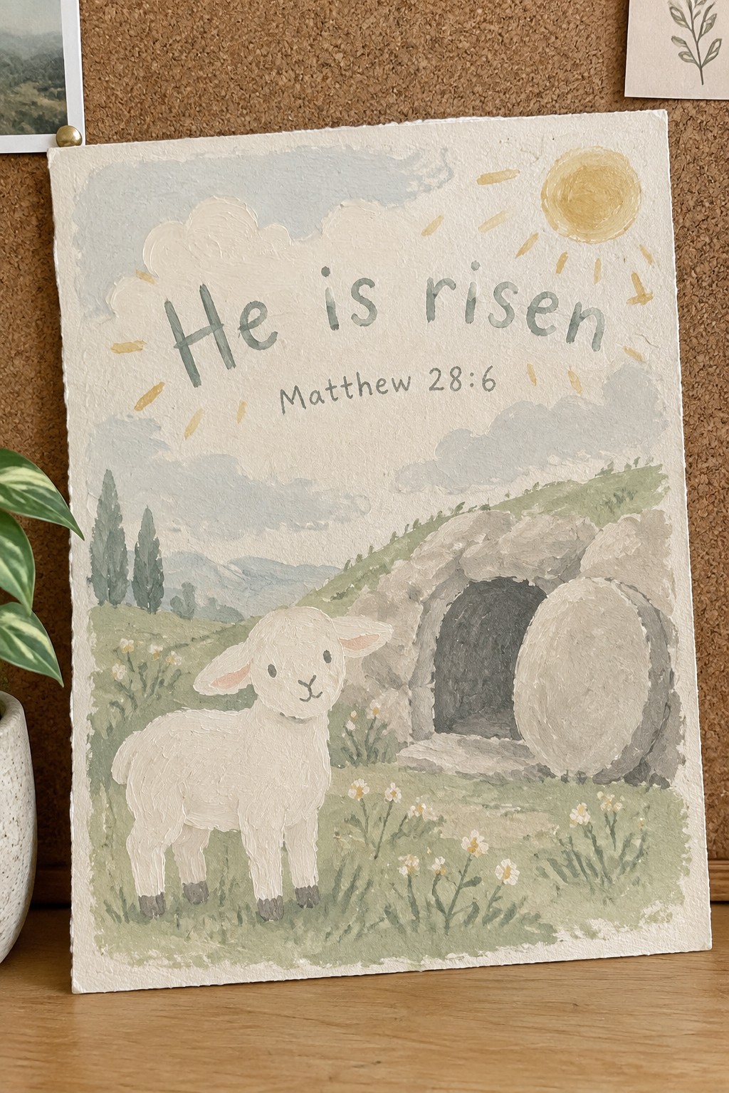 Watercolor painting of white lamb beside empty tomb under sunny sky with
