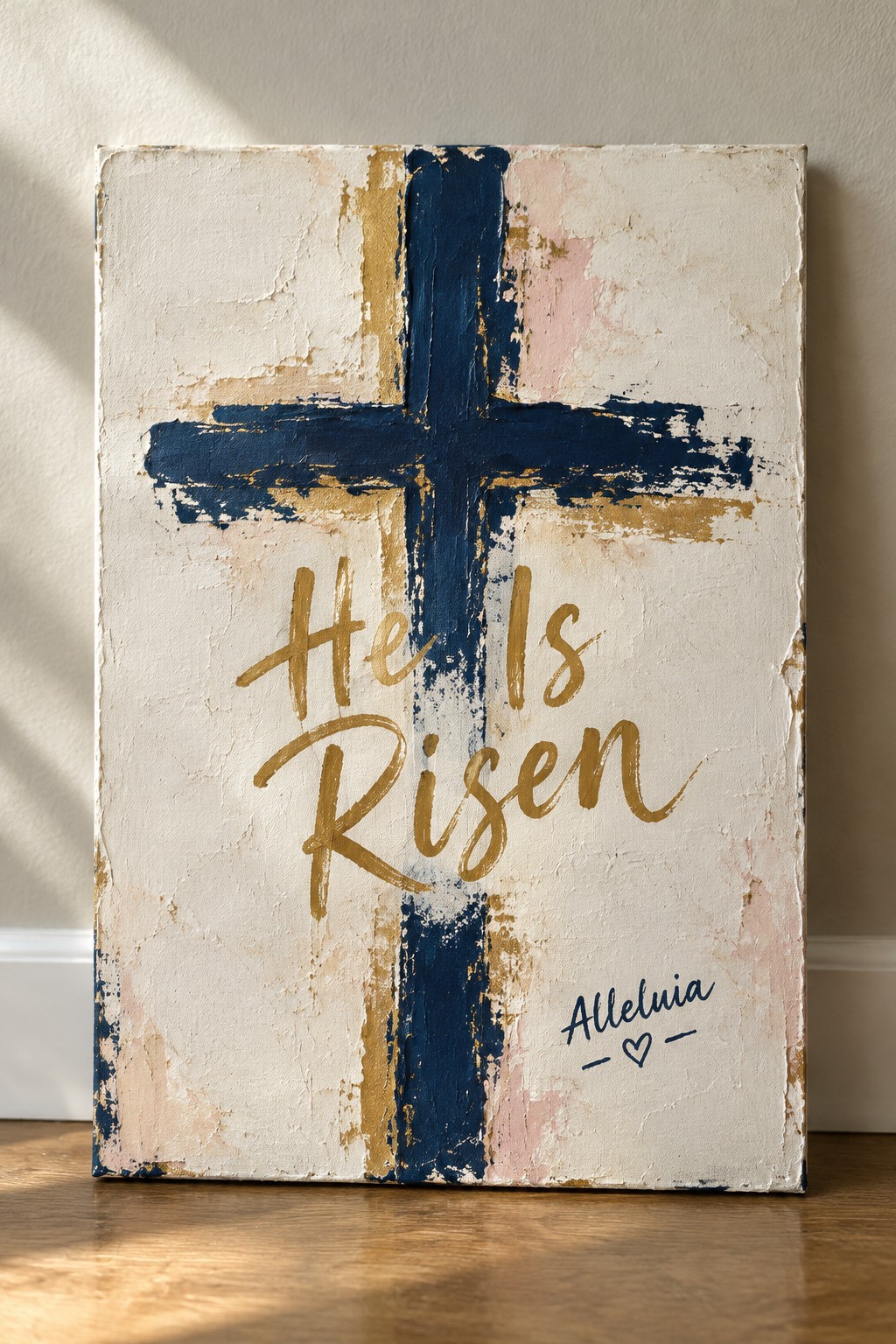 Distressed canvas with blue cross, gold