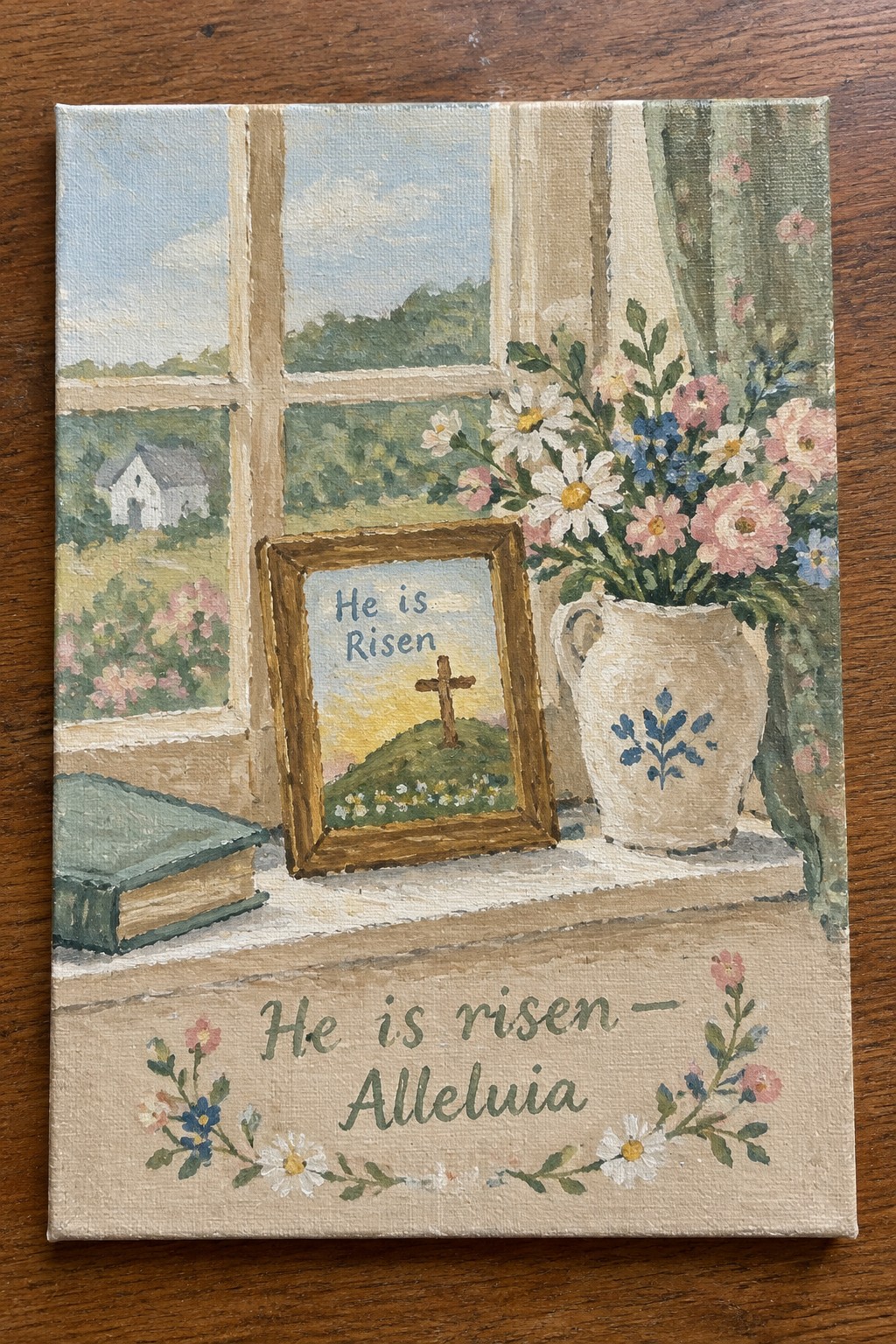 Windowsill painting with flower vase,