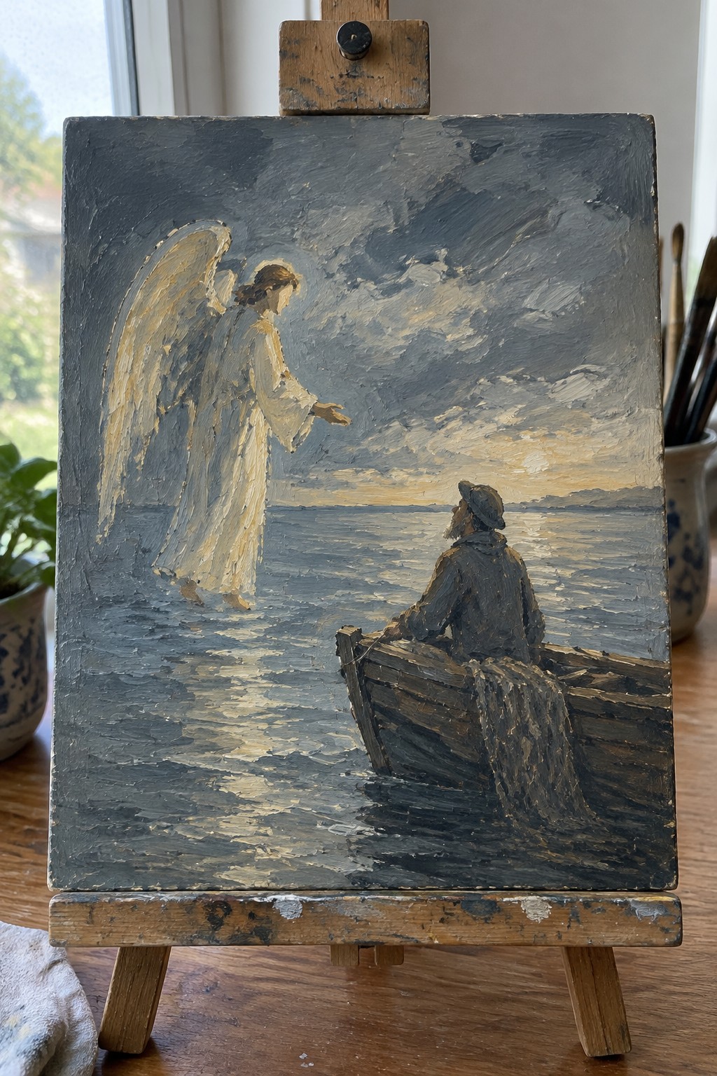 Thickly textured oil painting of glowing angel reaching to fisherman in boat on stormy sea.