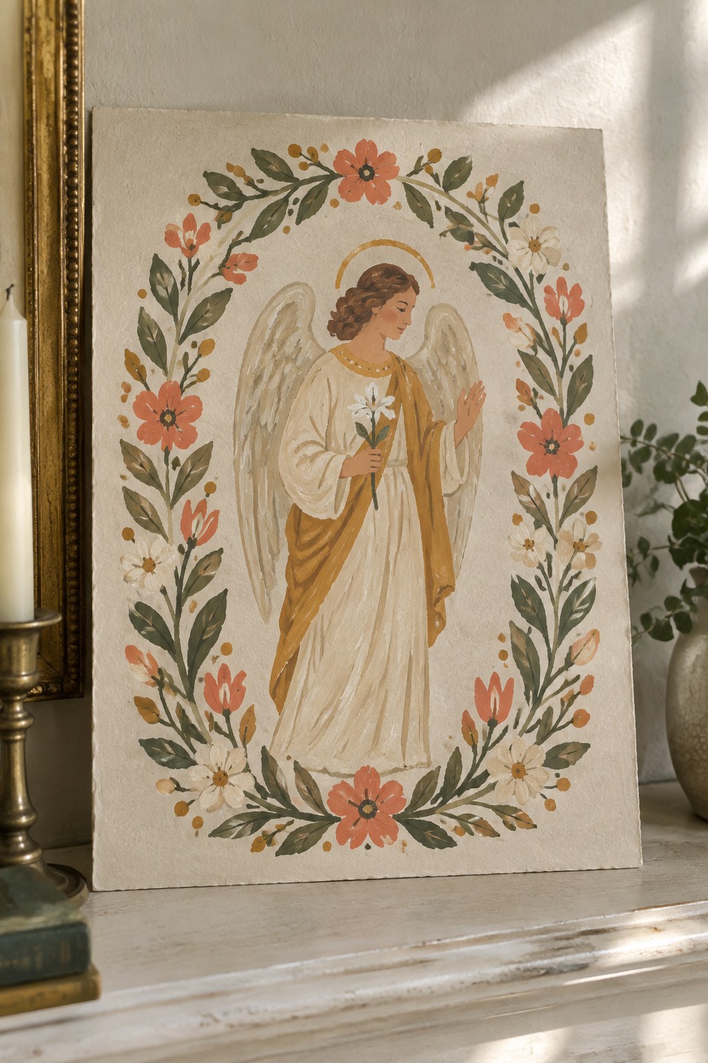 Watercolor angel in white robes with golden sash inside orange floral wreath