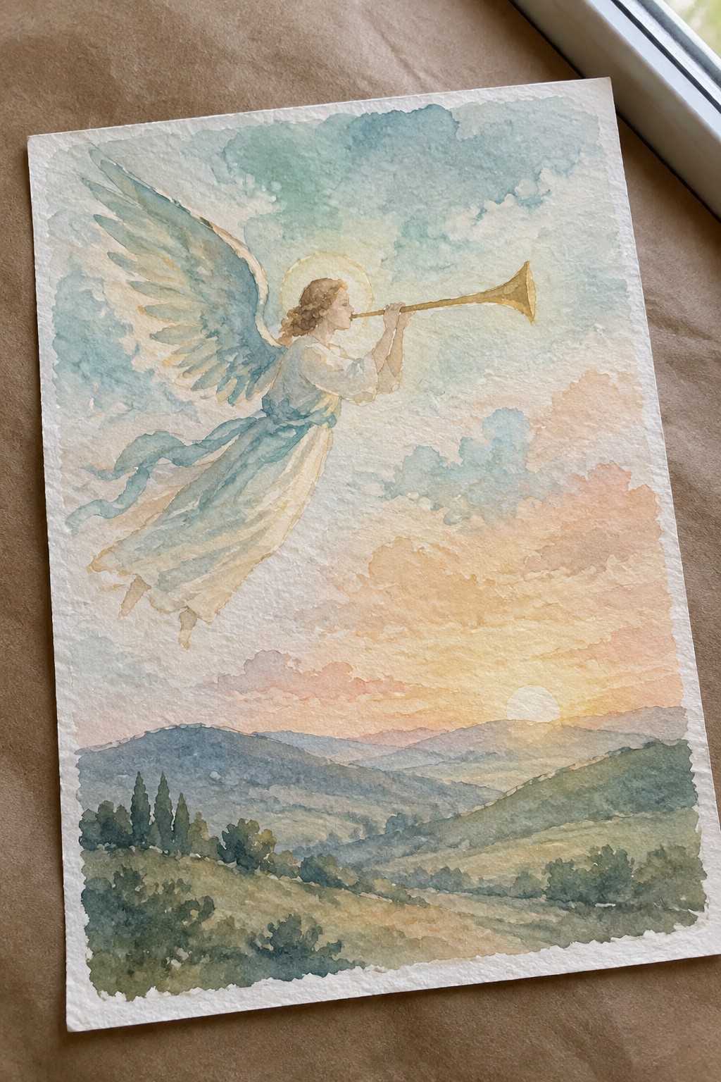 Winged angel in flowing blue gown blows golden trumpet over pastel sunset hills