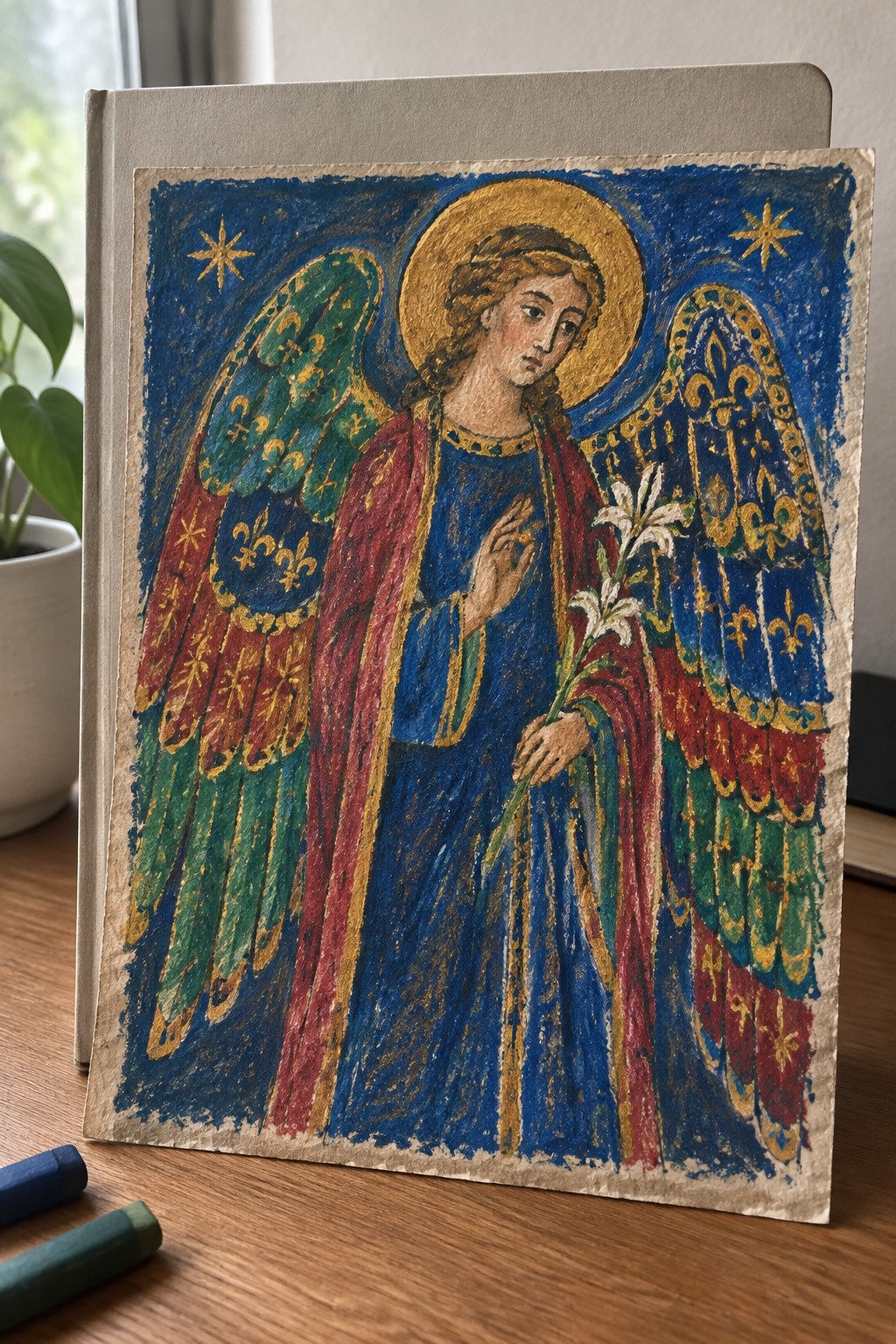 Vibrant angel in blue robe with ornate red-green wings, golden halo, holding white lilies