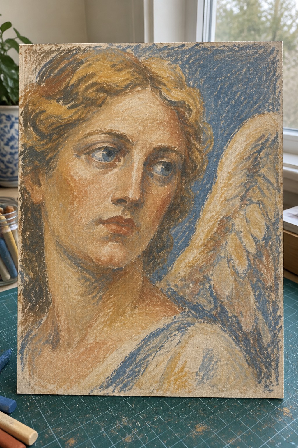 Classical pastel portrait of winged woman with golden curls and blue eyes on brown paper.