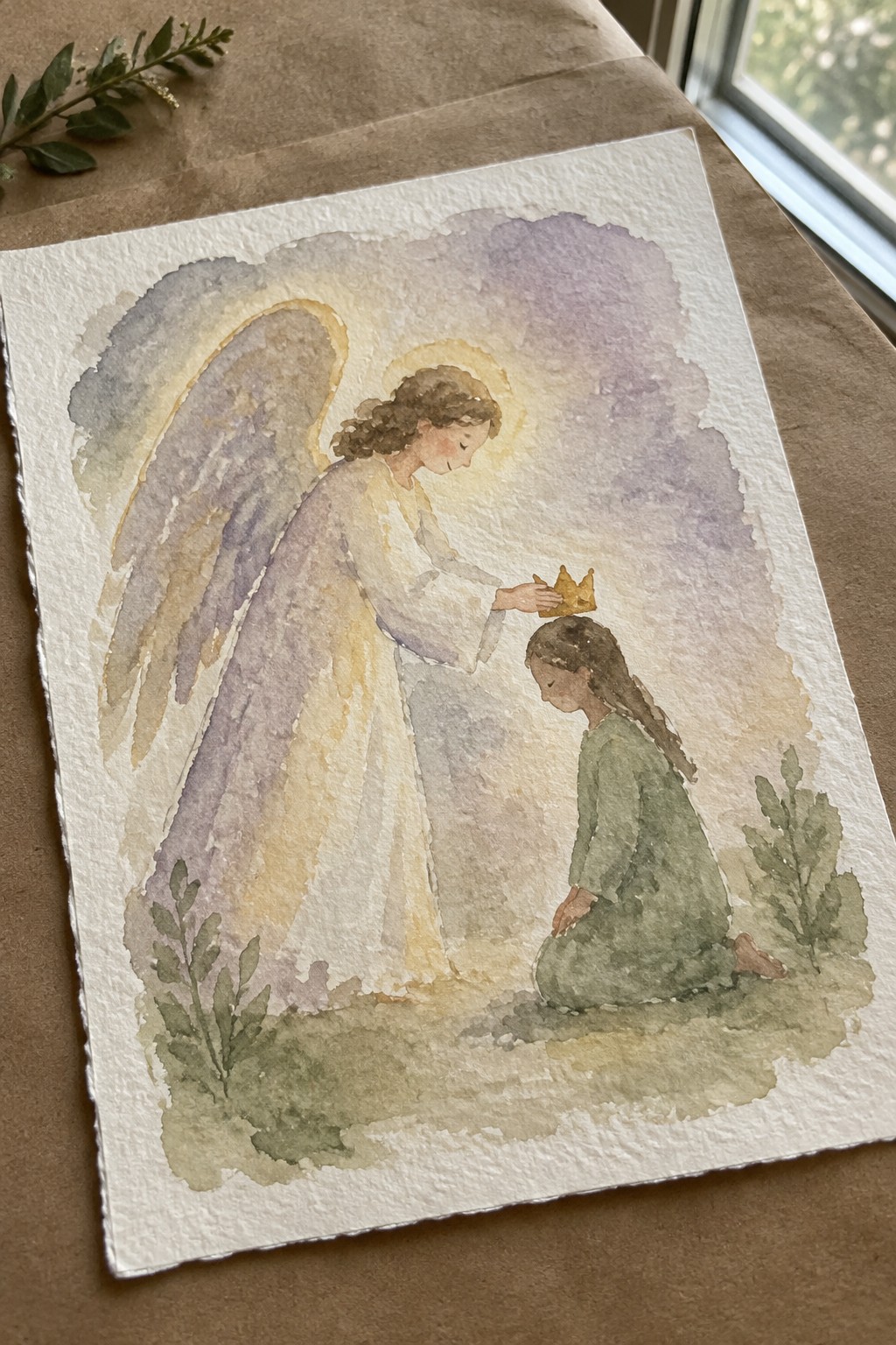 Watercolor angel with wings crowns kneeling girl in green dress with golden crown