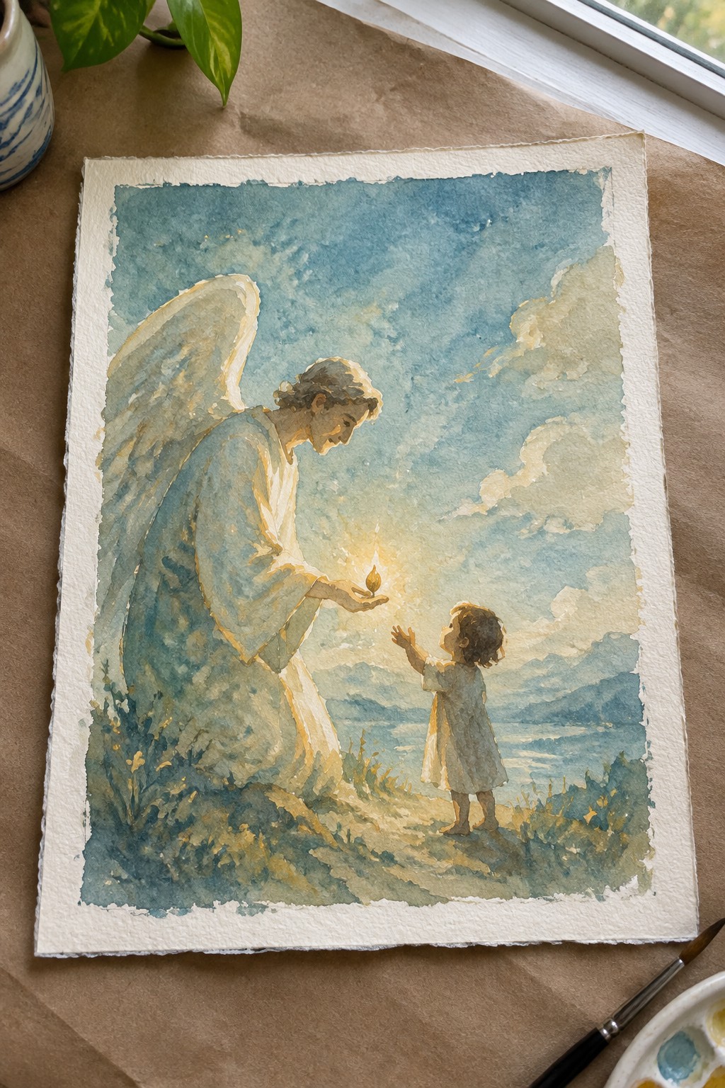 Angel in blue robes offers glowing flame to child on seaside path in watercolor