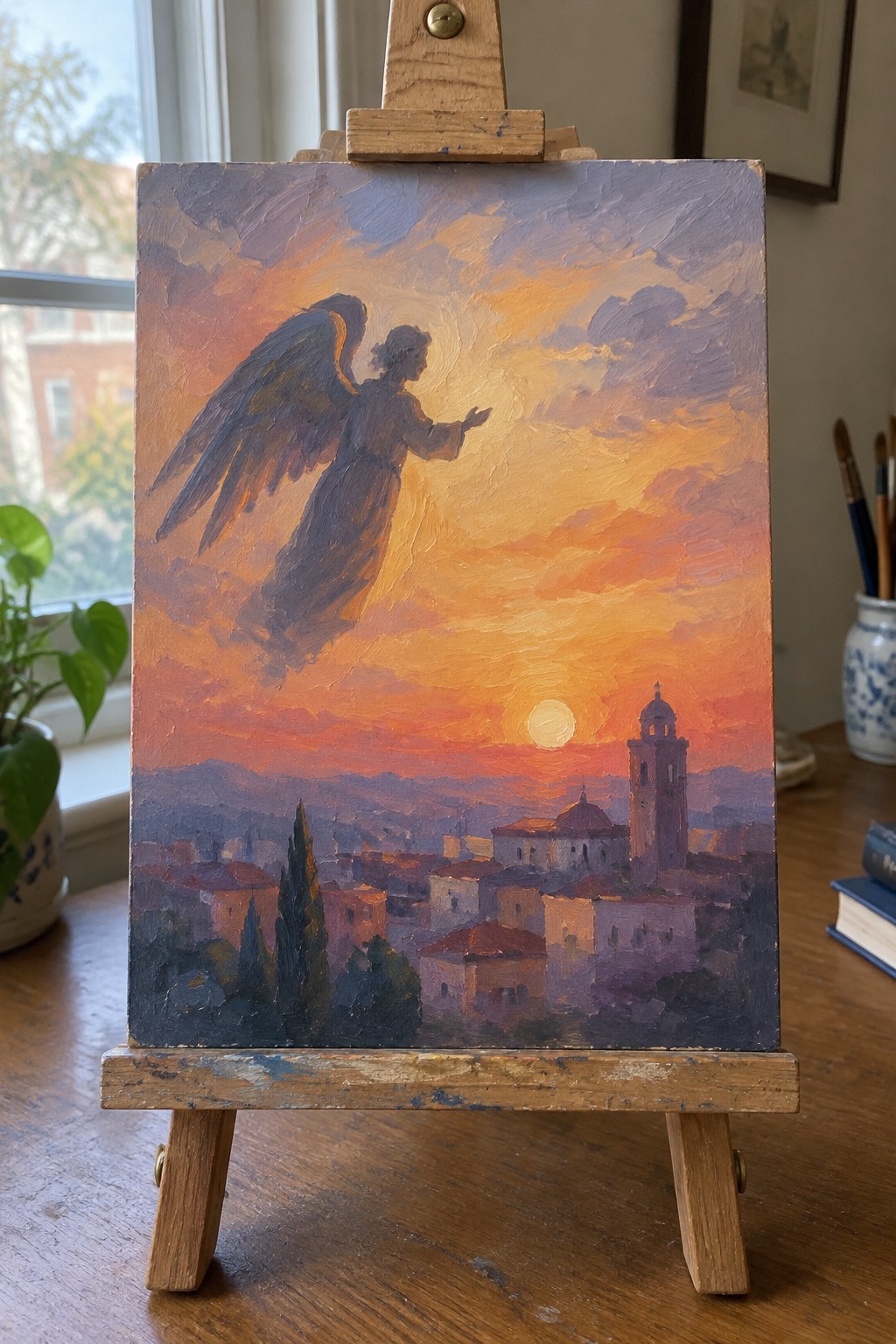 Oil painting on easel shows dark-robed angel with wings over orange-purple sunset cityscape.