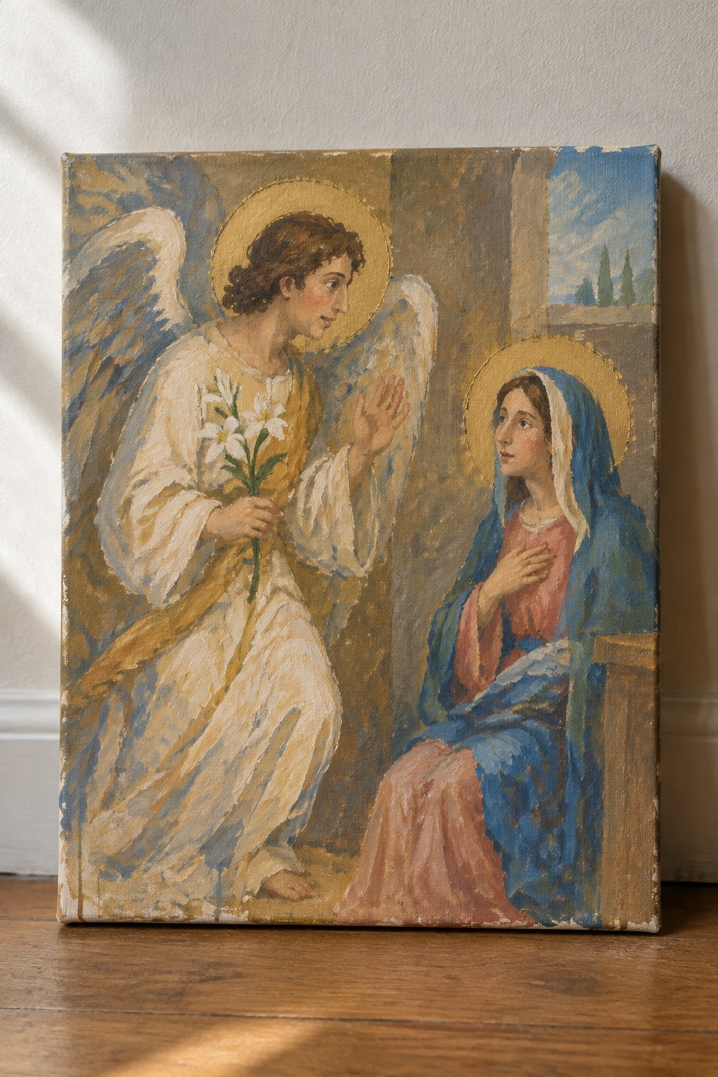 A painting of Angel Gabriel holding white lilies and gesturing toward seated Mary during the Annunciation.