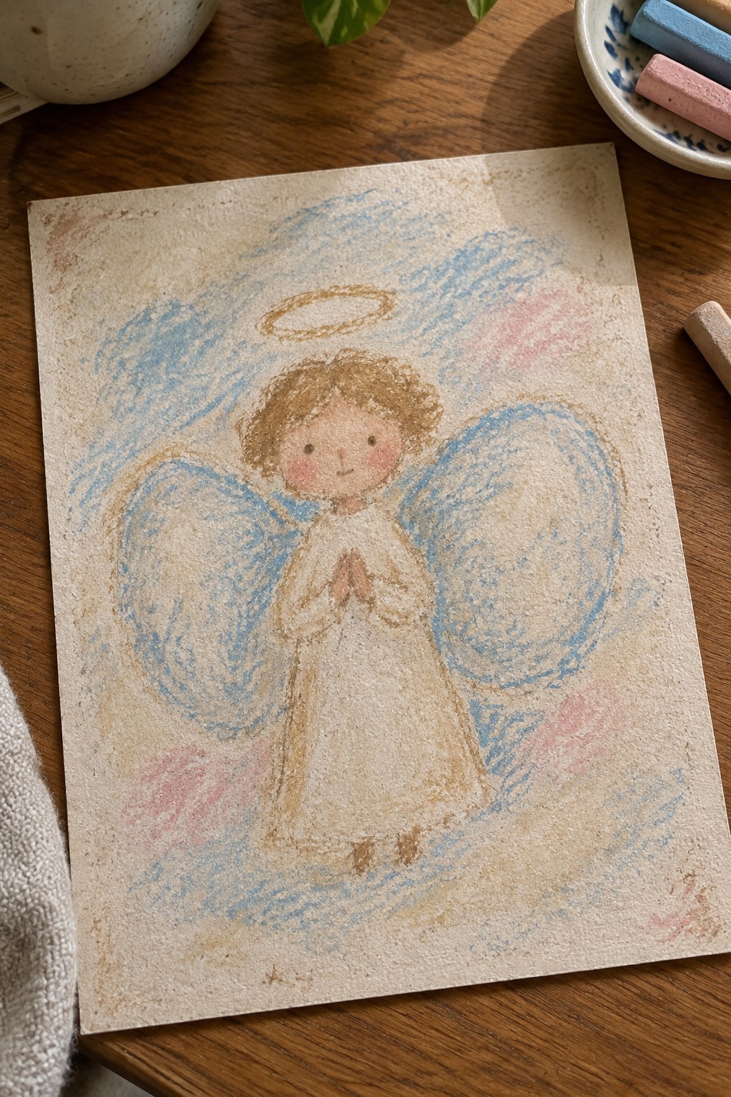 Chalk drawing of praying angel in white robe with blue wings, halo, and brown curls