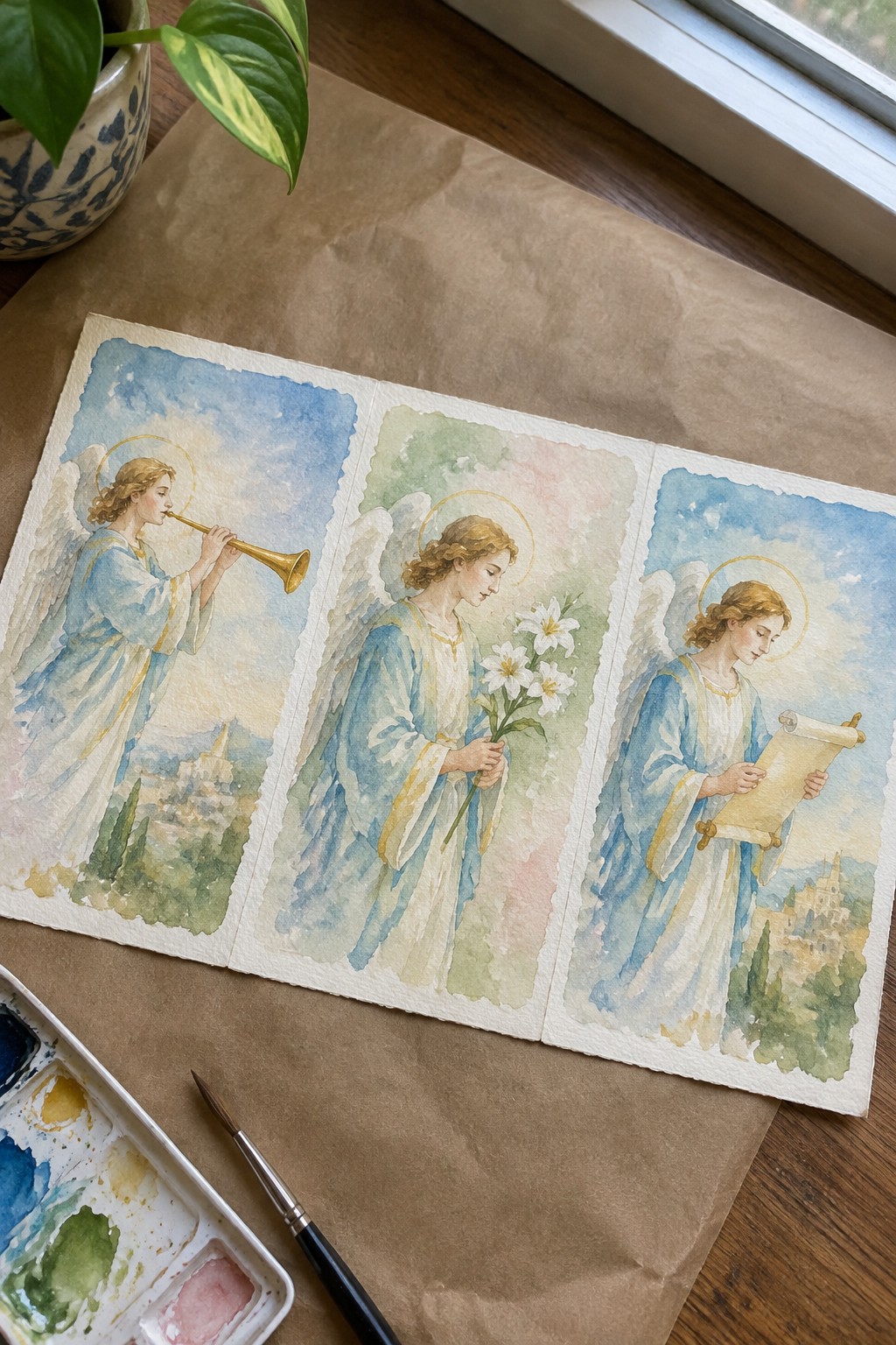 Watercolor triptych of angels in blue robes with trumpet, lilies, and scroll.