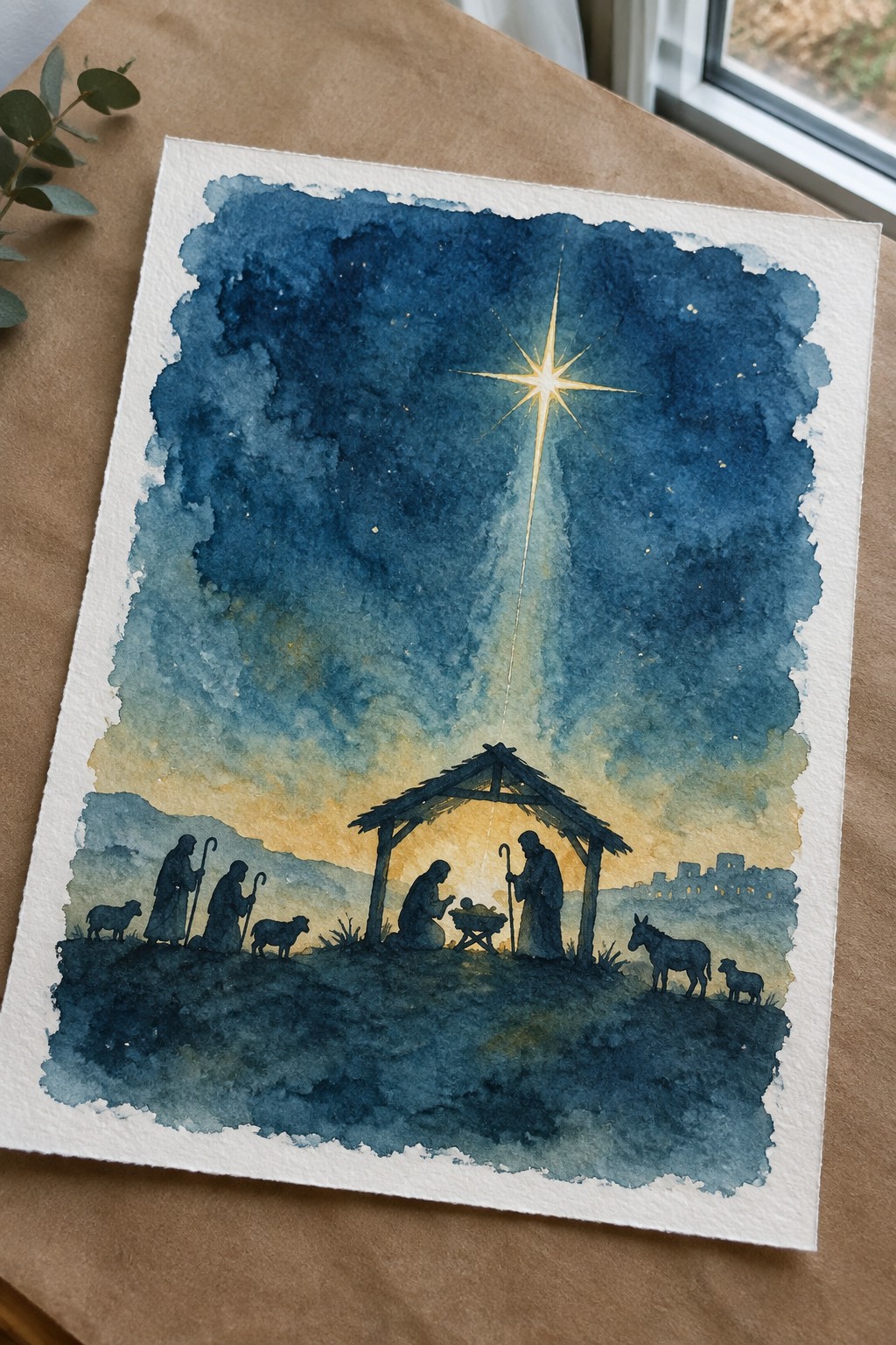 Watercolor nativity with robed figures, manger, star, sheep and donkey under blue night sky