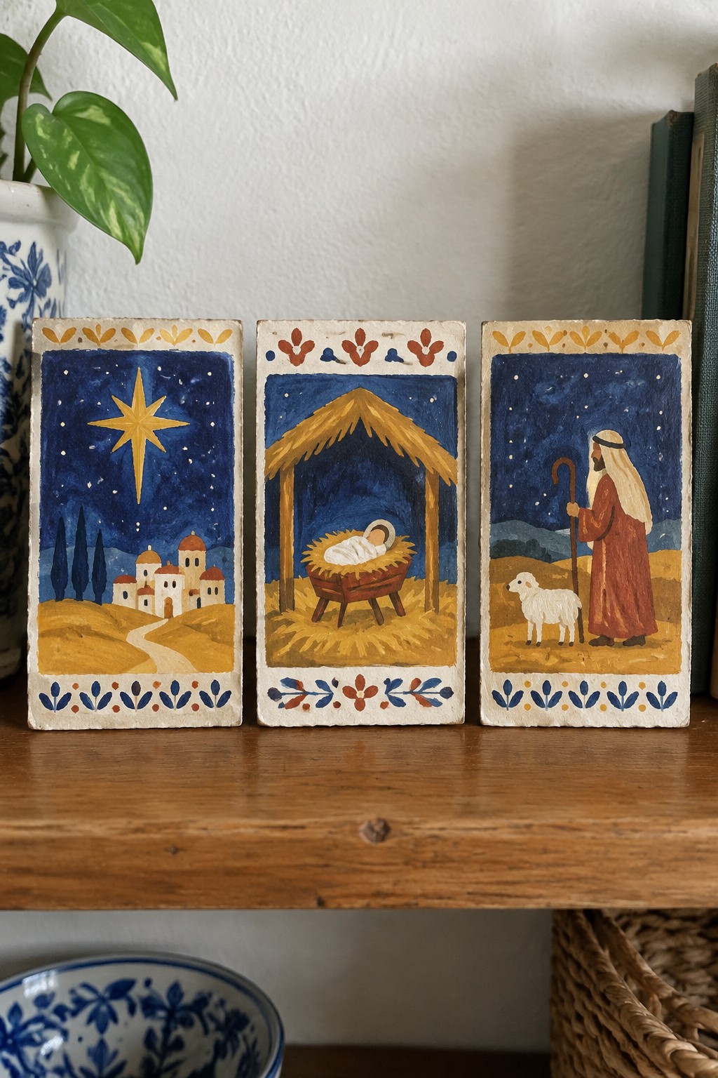 Three hand-painted tiles show nativity star, manger with infant, and robed shepherd with lamb.