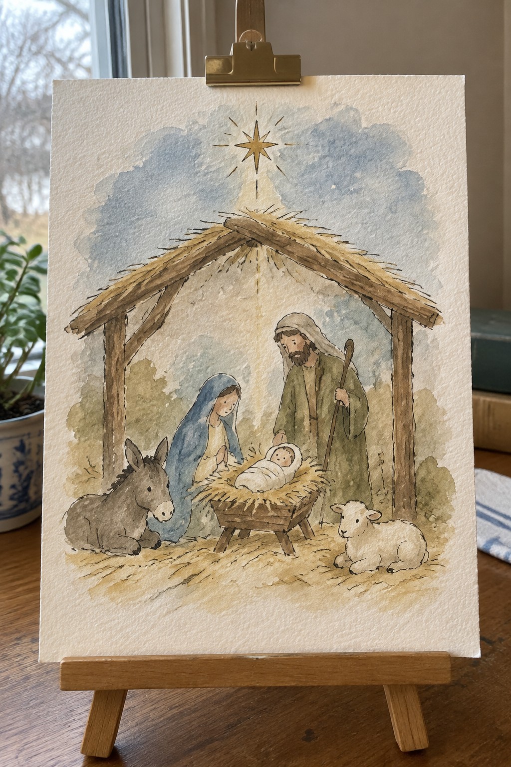 Watercolor nativity scene with Mary in blue, Joseph, baby in manger, donkey, lamb, and shining star.